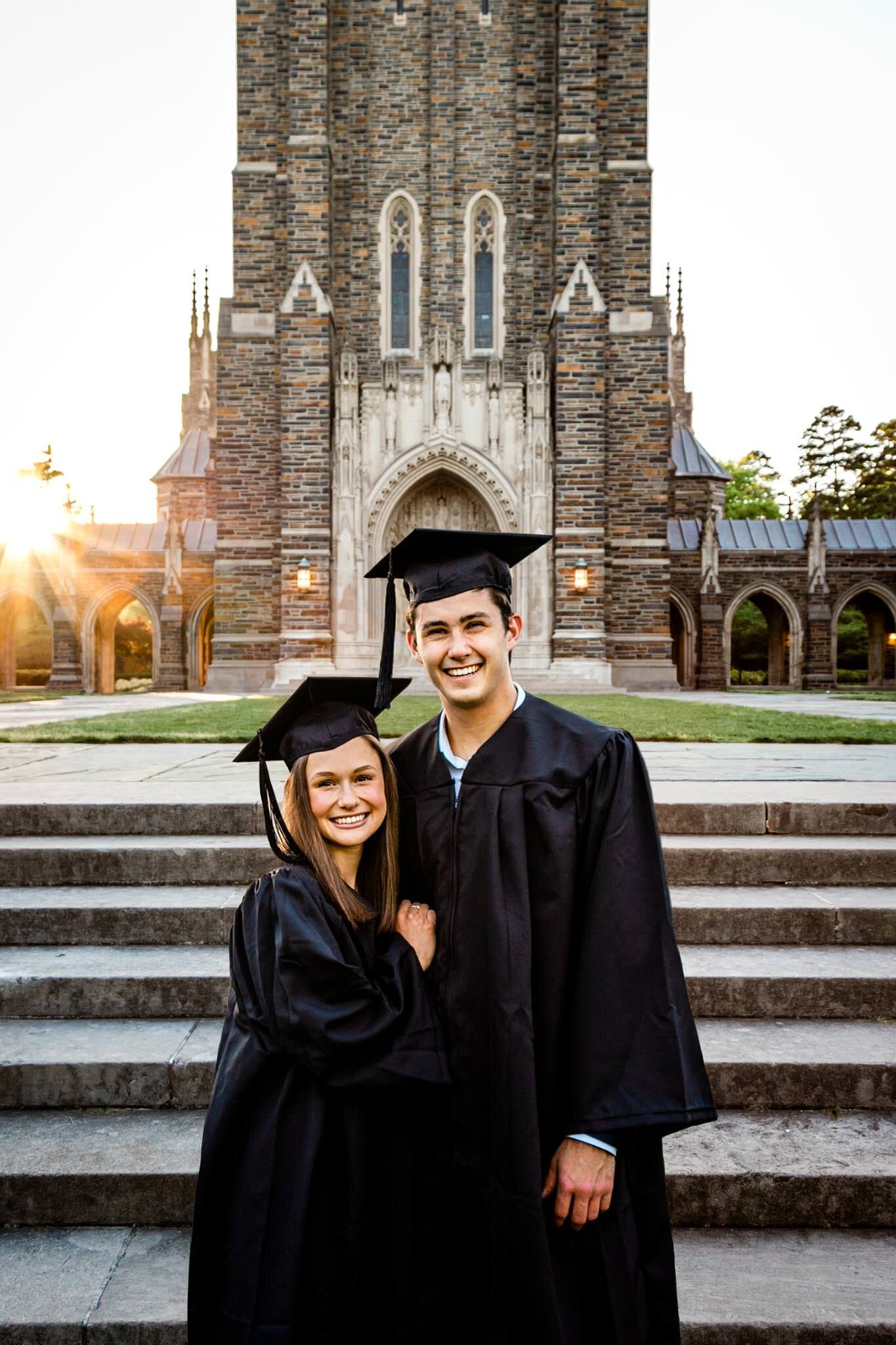 Couple wearing black cap and gown | Duke Chapel | Duke University | Durham Senior Photographer | By G. Lin Photography