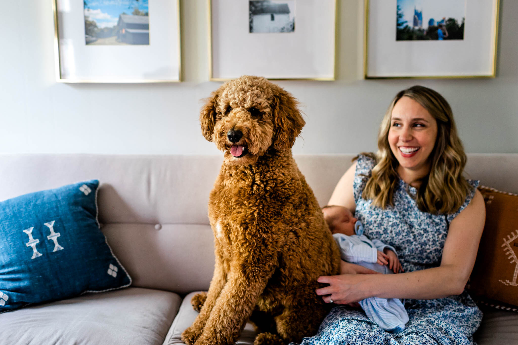 Dog sitting on couch with woman | Greensboro Newborn Photographer | By G. Lin Photography