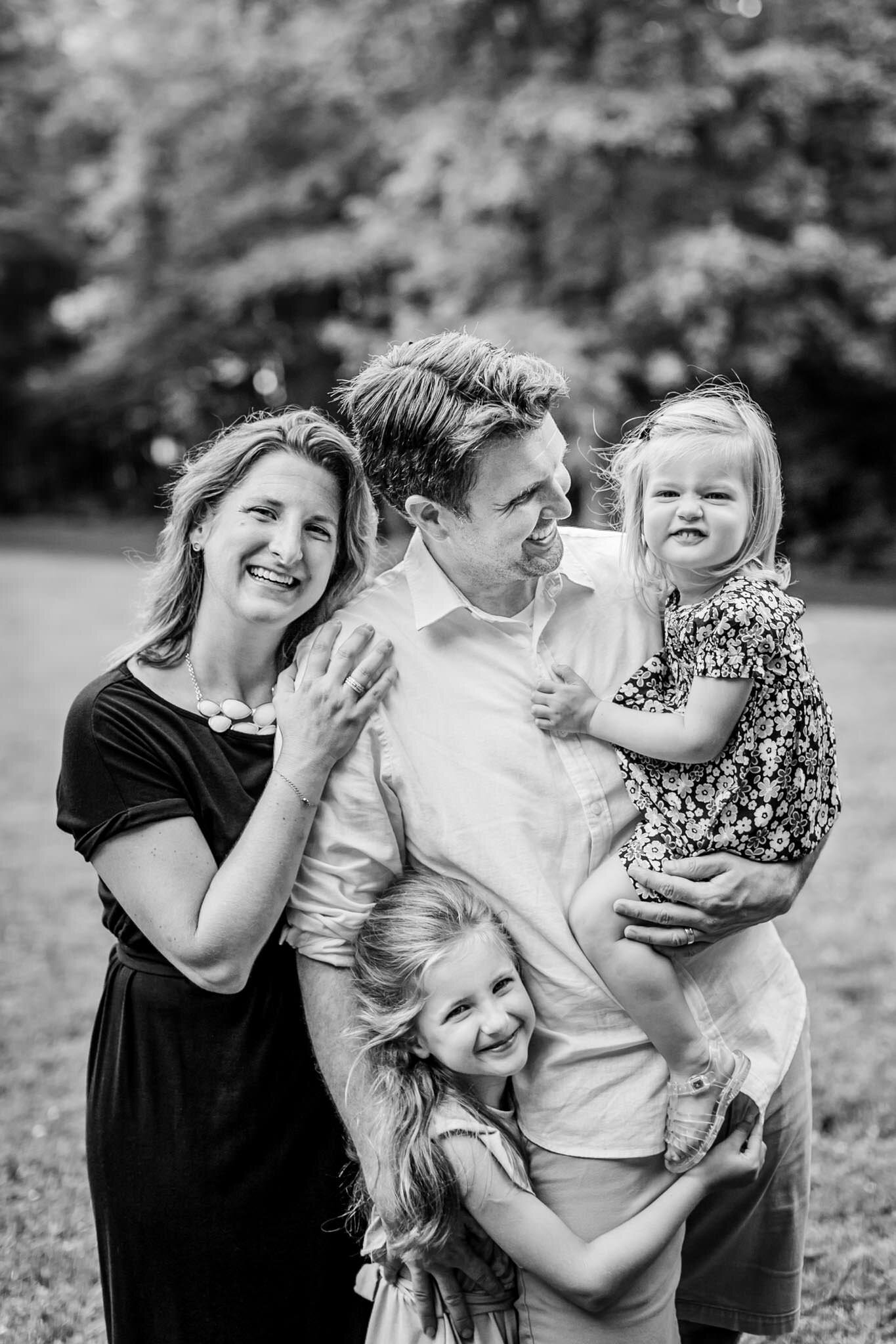 Black and white image of family at North Cary Park | Cary Family Photographer | By G. Lin Photography
