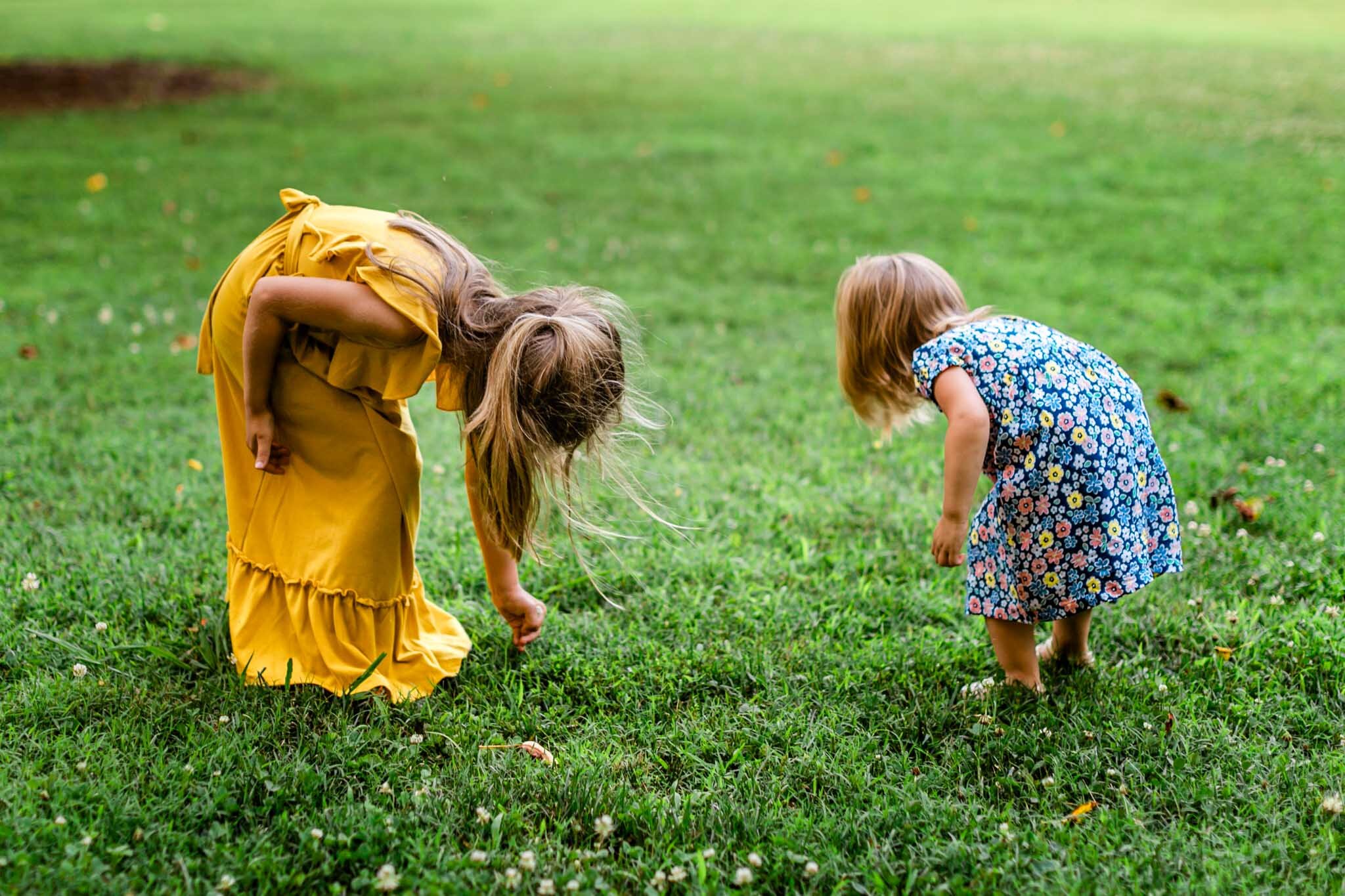 Two young girls picking flowers on grassy field | Cary Family Photographer | By G. Lin Photography