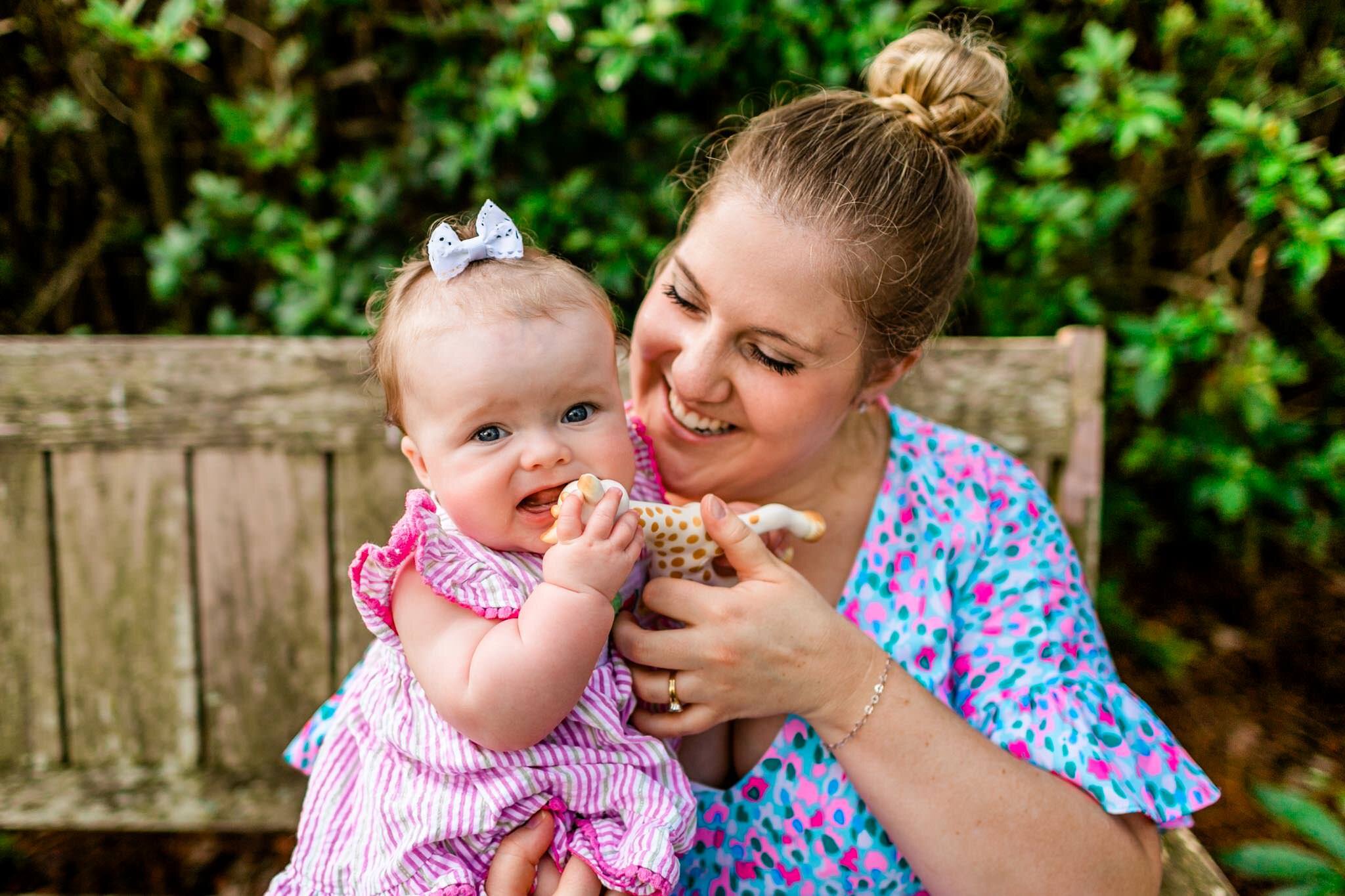 Baby chewing on teether | Raleigh Family Photographer | By G. Lin Photography | WRAL Azalea Garden