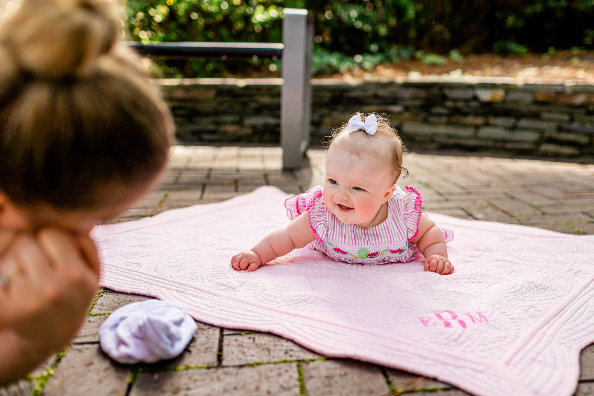 Baby girl on blanket laughing | Raleigh Family Photographer | By G. Lin Photography | WRAL Azalea Garden