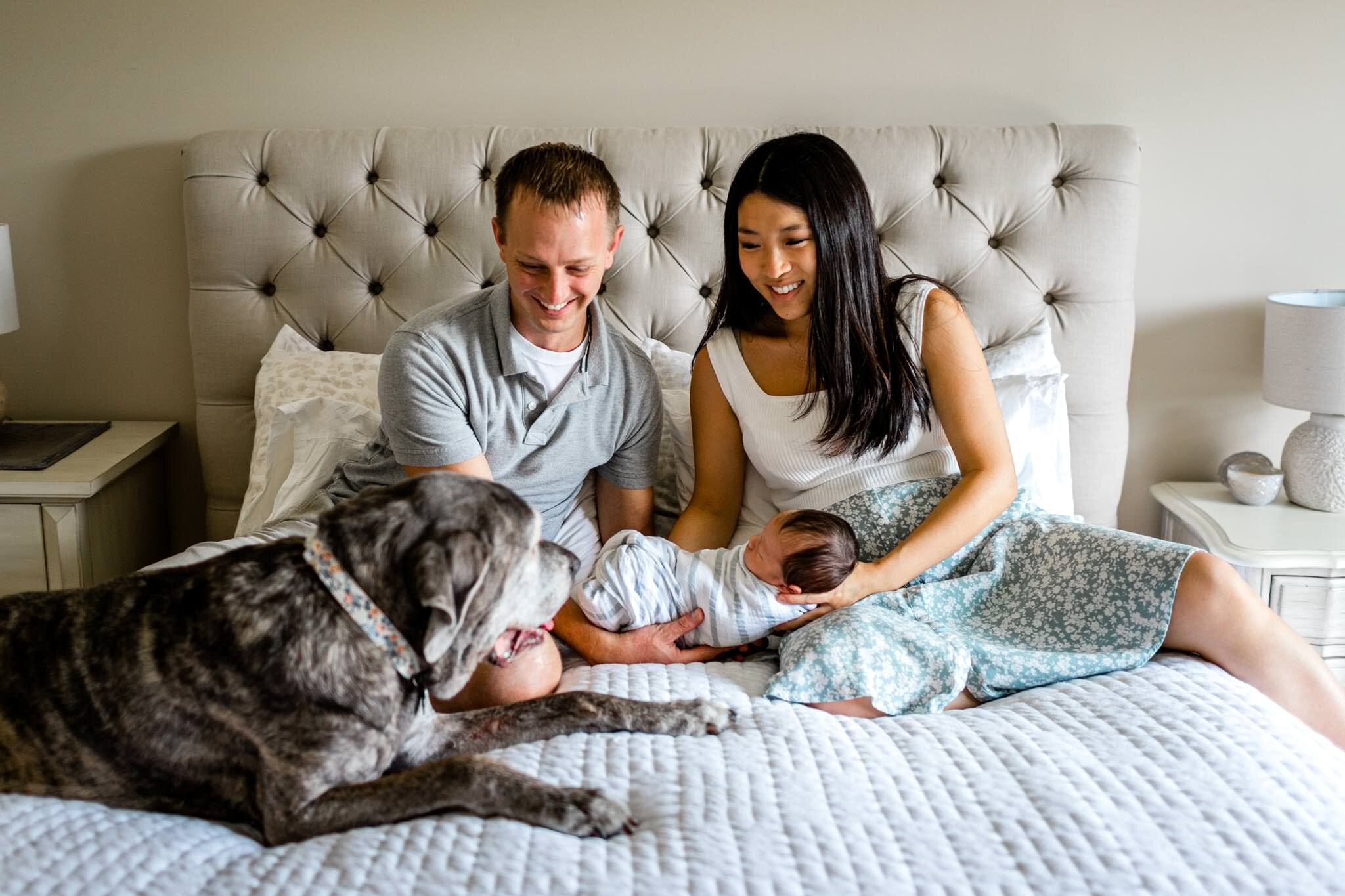Durham Lifestyle Newborn Photographer | By G. Lin Photography | Family sitting on bed with dog and baby