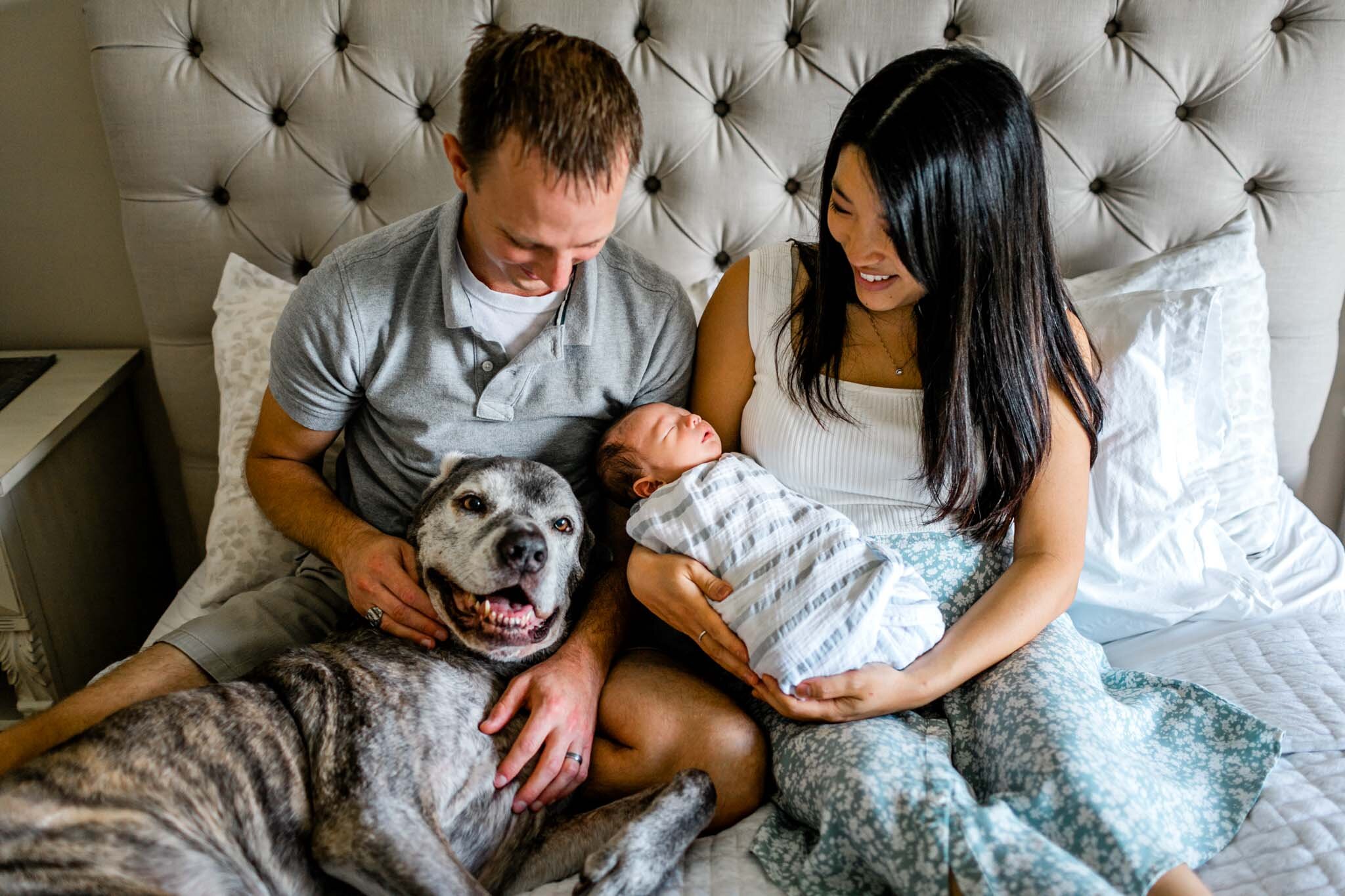 Durham Lifestyle Newborn Photography at Home | By G. Lin Photography | Couple holding dog and baby and sitting on bed