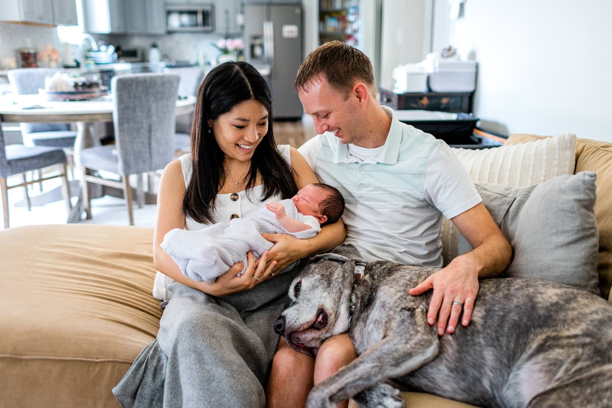Parents sitting on couch with baby and dog | Durham Newborn Photographer | By G. Lin Photography