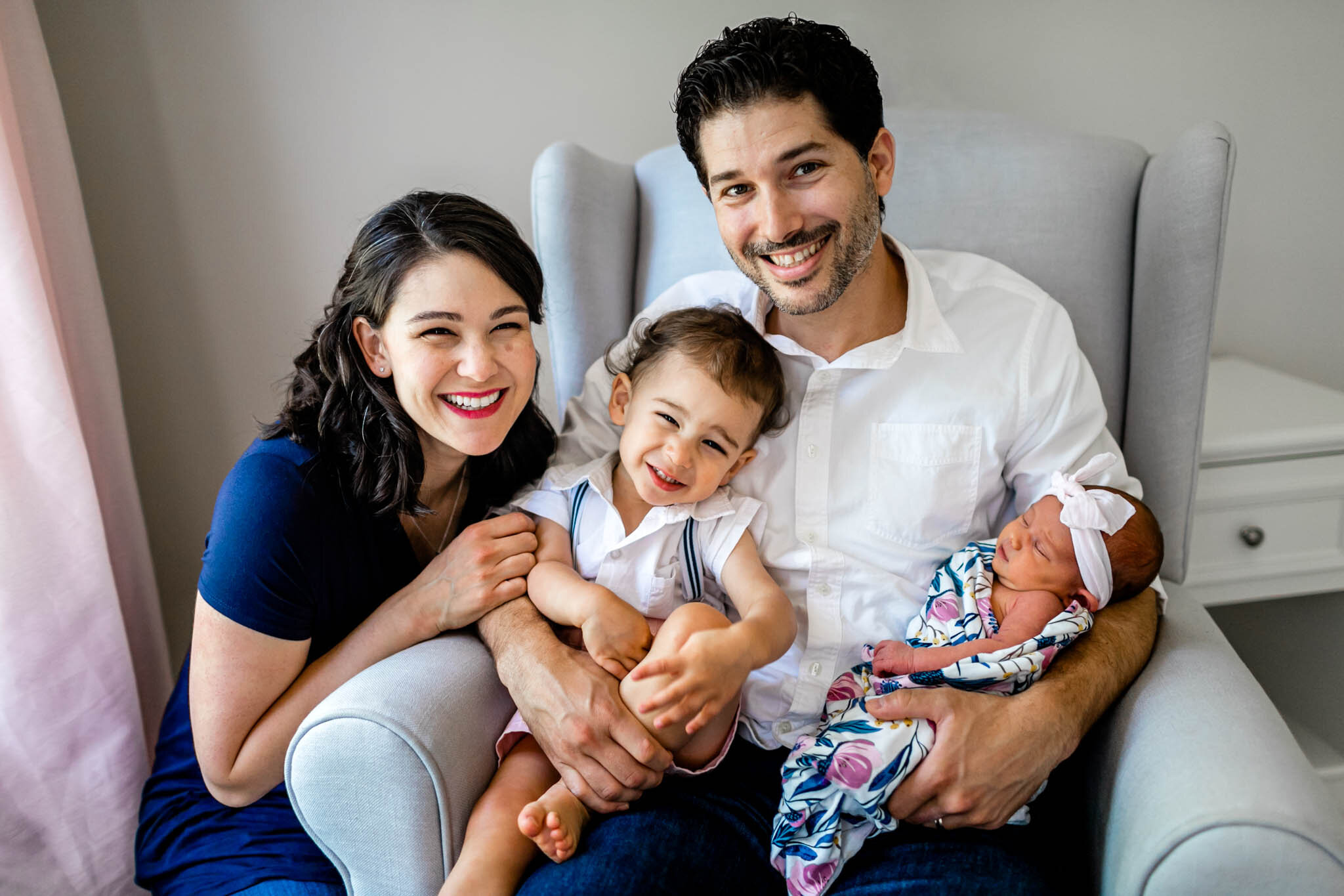 Family smiling at camera | Lifestyle Newborn Photography at Home | Durham Newborn Photographer | By G. Lin Photography