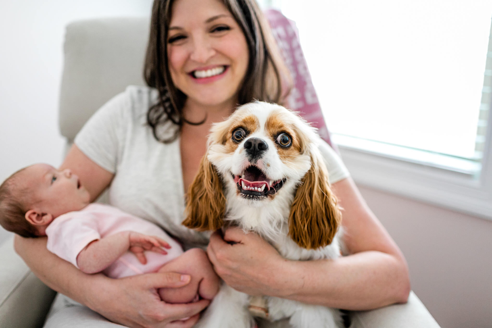 Dog smiling at camera | Durham Newborn Photographer | By G. Lin Photography