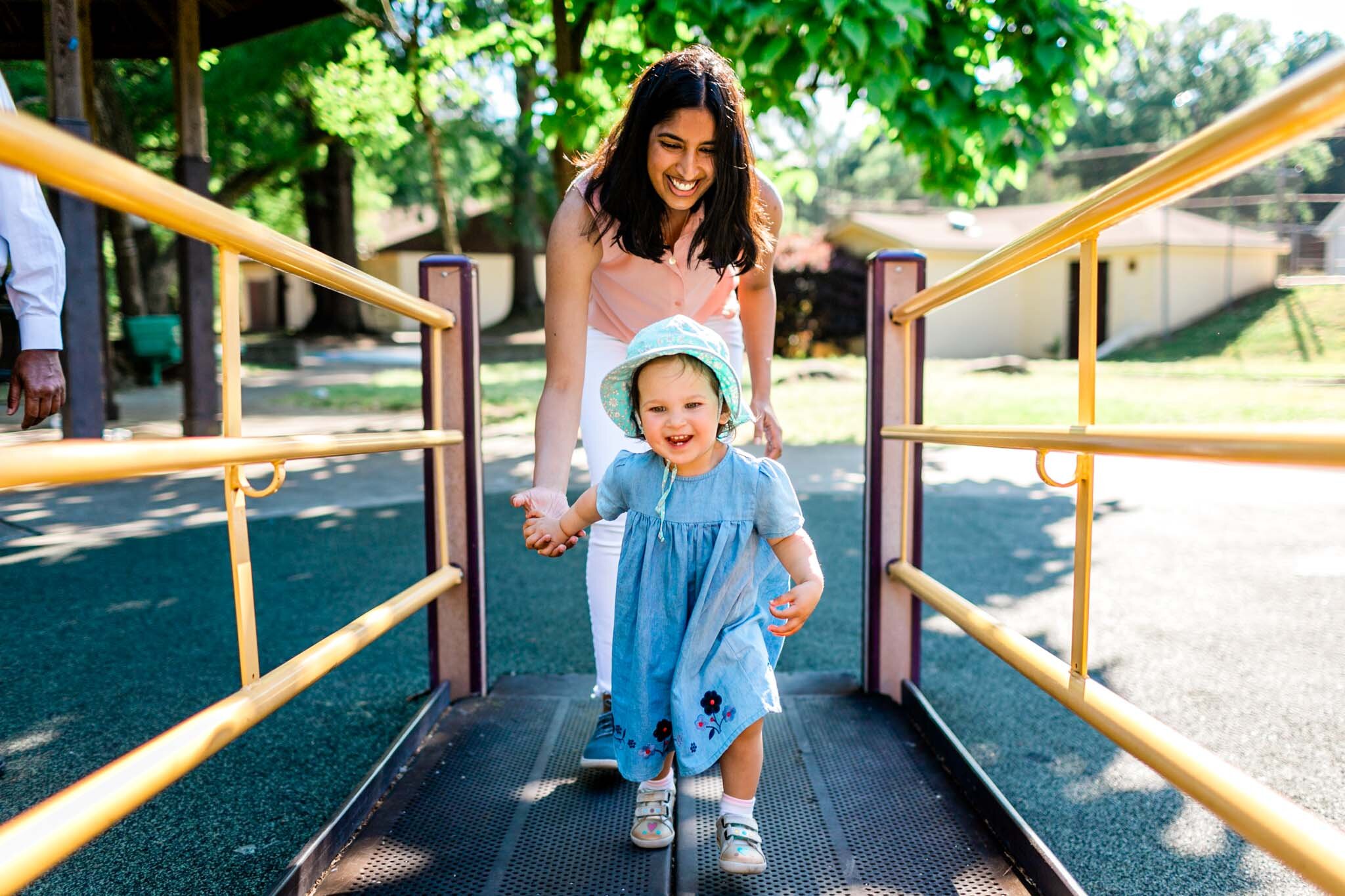 Baby girl running with mom at playground | Forest Hills Park | Durham Family Photographer | By G. Lin Photography