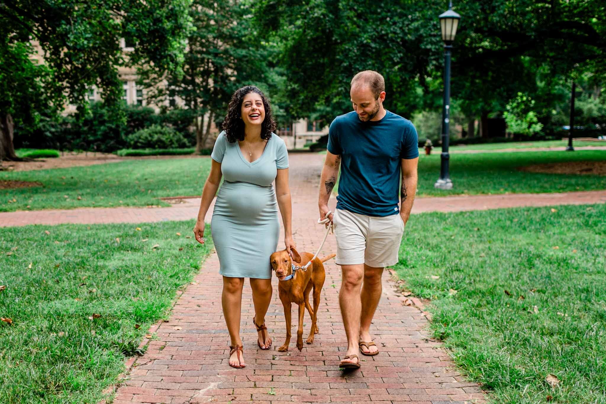 UNC Chapel Hill Maternity Photography | By G. Lin Photography | Couple walking dog on brick path