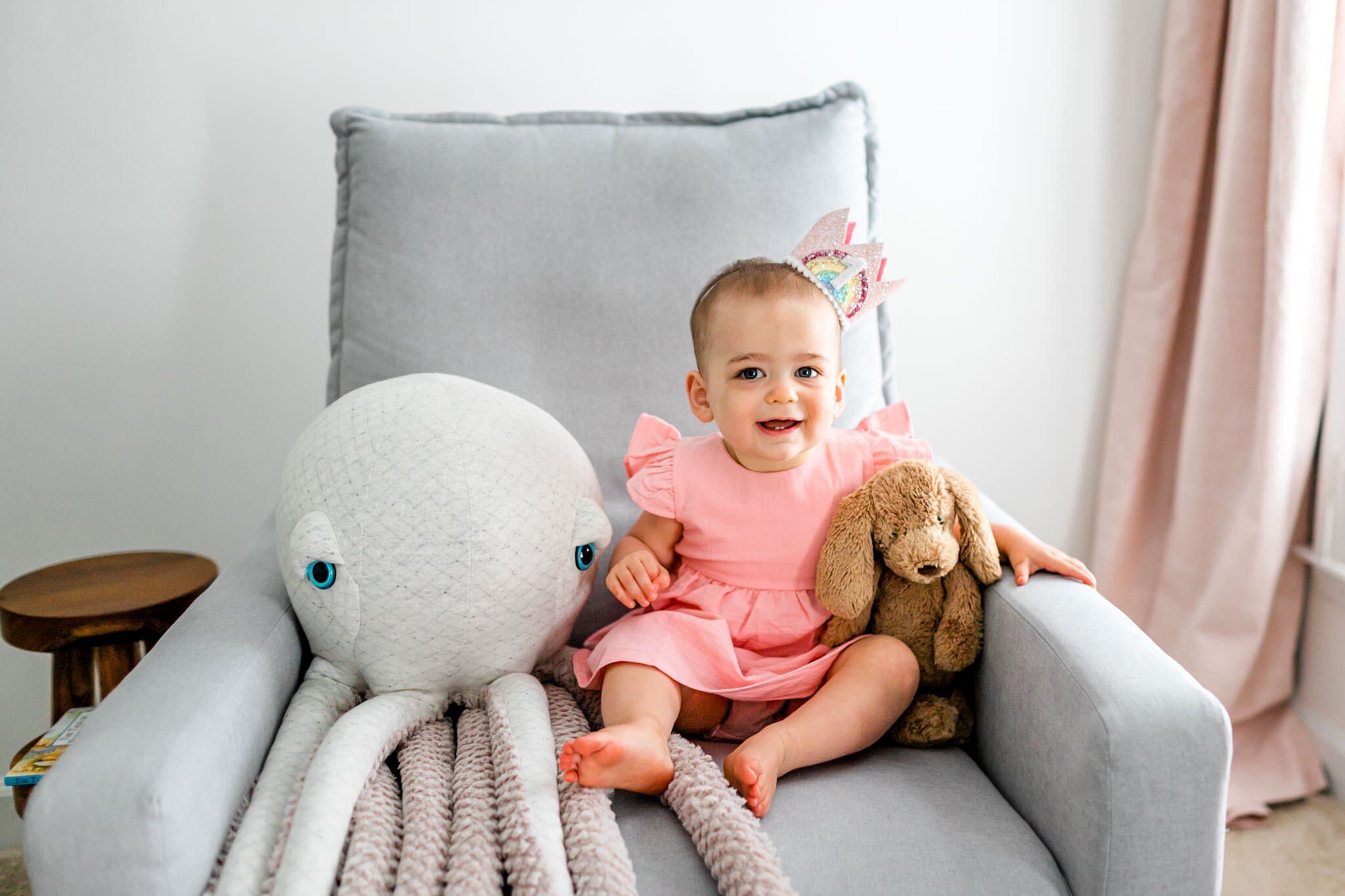 Lifestyle Durham Family Photographer | By G. Lin Photography | Baby girl sitting on chair with stuffed animals