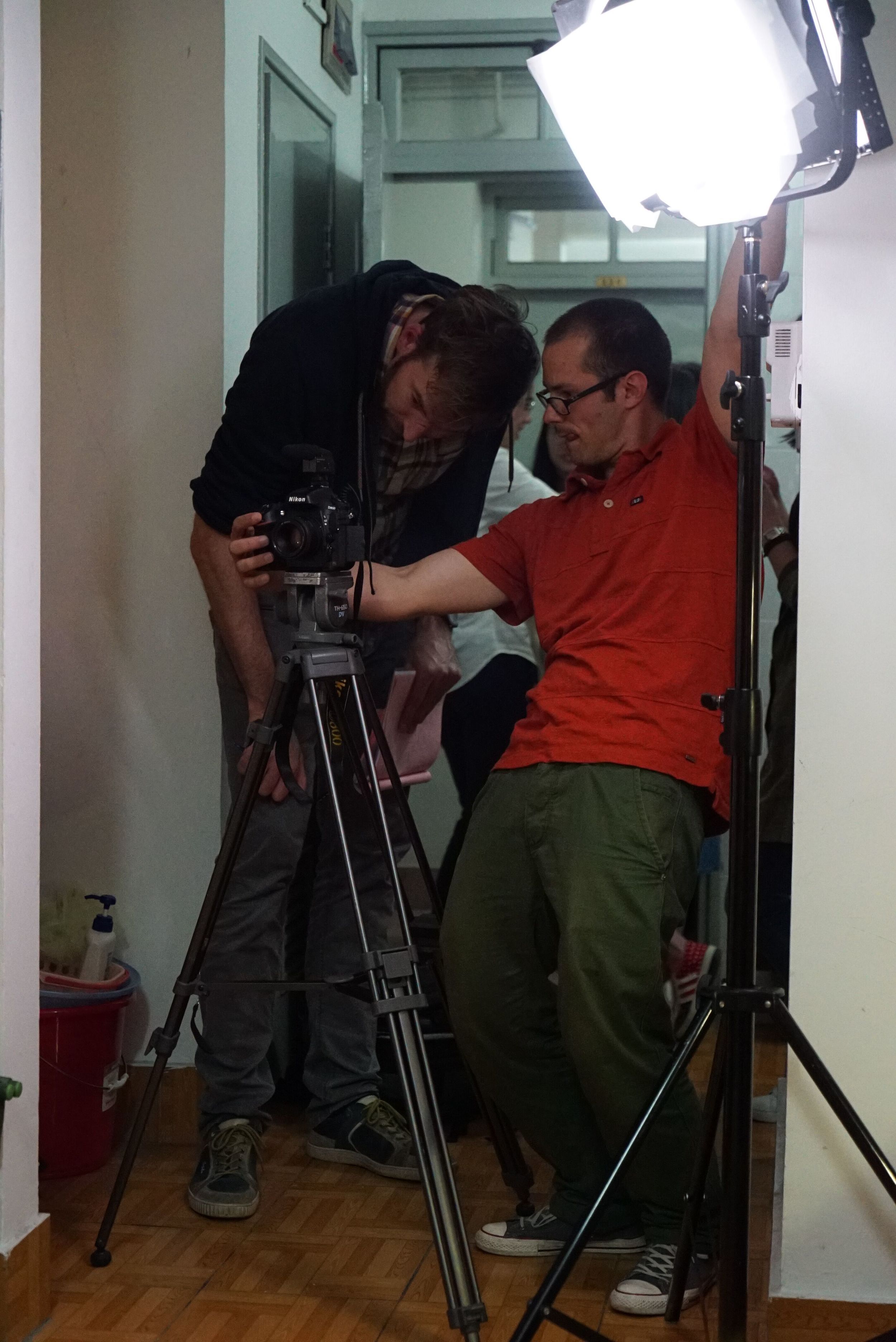 Working very concentrated on the next shot with director Simon Weber in the University's dorm.