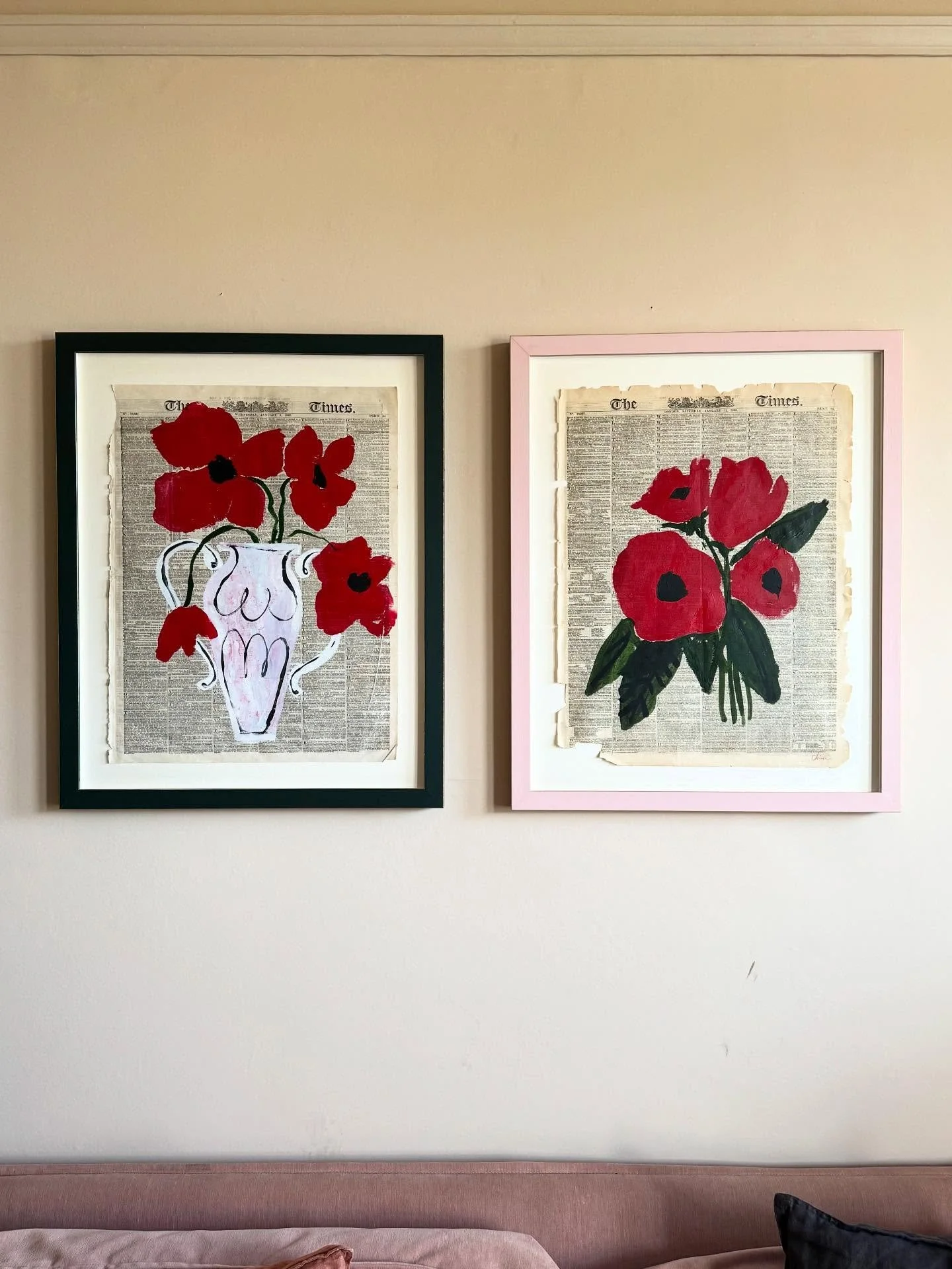 These two pieces are finally ready to find their forever homes &hearts;️🌹🌺🌿 swipe to the end to see them featured in @vogue.polska this year. 

85x65cm each, painted on the Times newspaper from 1882, framed in painted wood with UV glass. Please DM