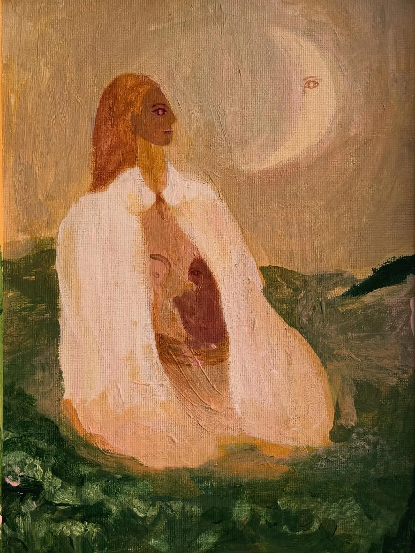 This painting was inspired by memory of when I once had to stop, sit in a field and feed my first daughter in the middle of Wanstead flats in London, we were on our way somewhere and we were late but everything had to stop, and i remember creating a 