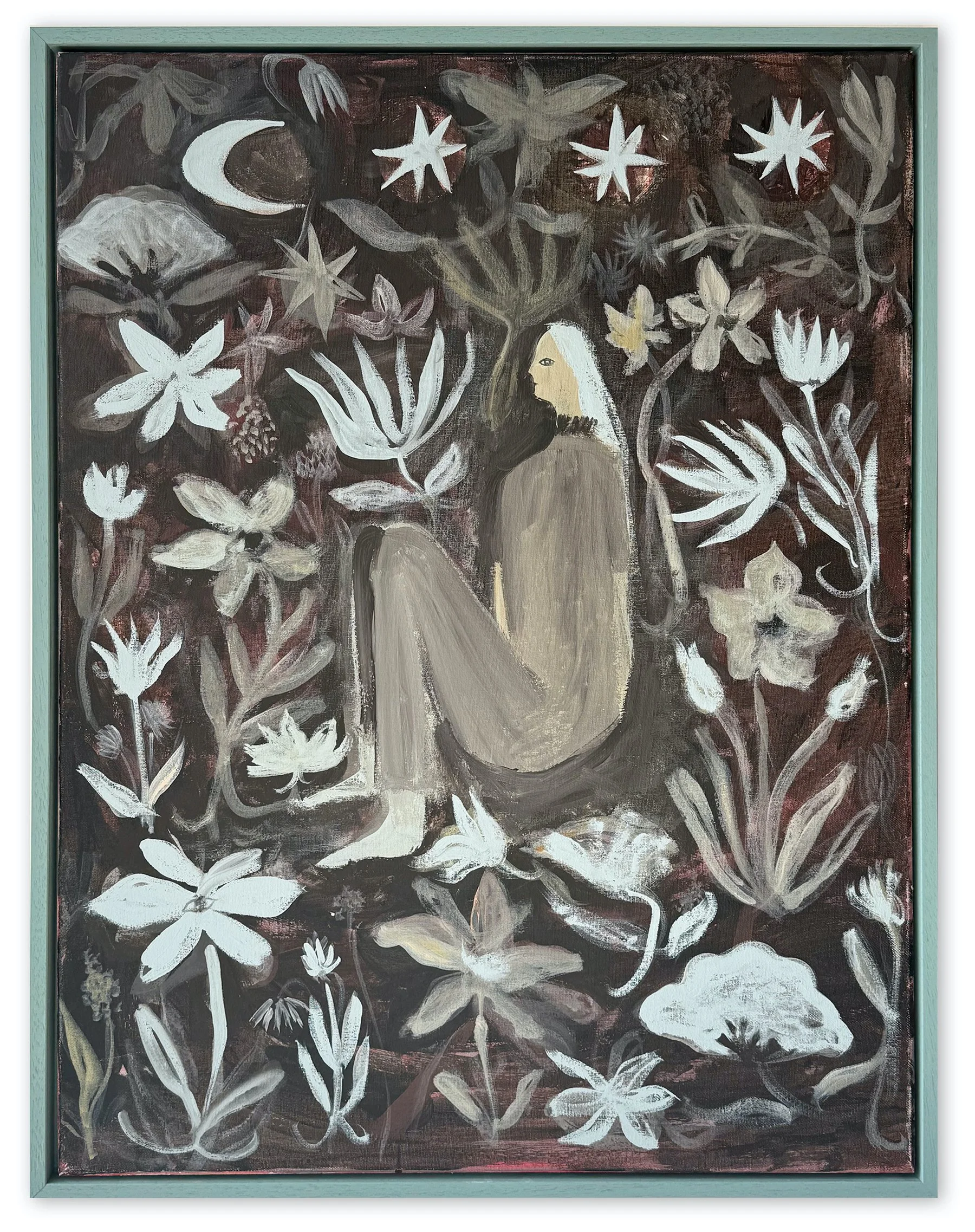 Day Dream in the Flowers, 2025. Acrylic on canvas 60x80cm, handpainted frame. Available at Southover Gallery.