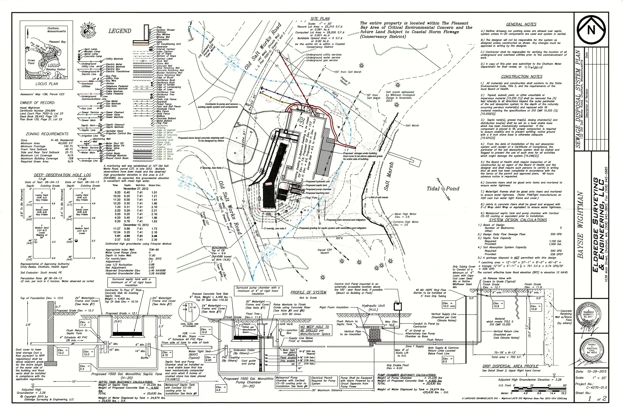 2015 - Wightman -&nbsp;The septic system is in the flood plain and requires fill within the flood plain. &nbsp;The septic system meets the 100' setback to the nearby salt marsh. &nbsp;This was approved by the Board of Health without a Variance.Part …