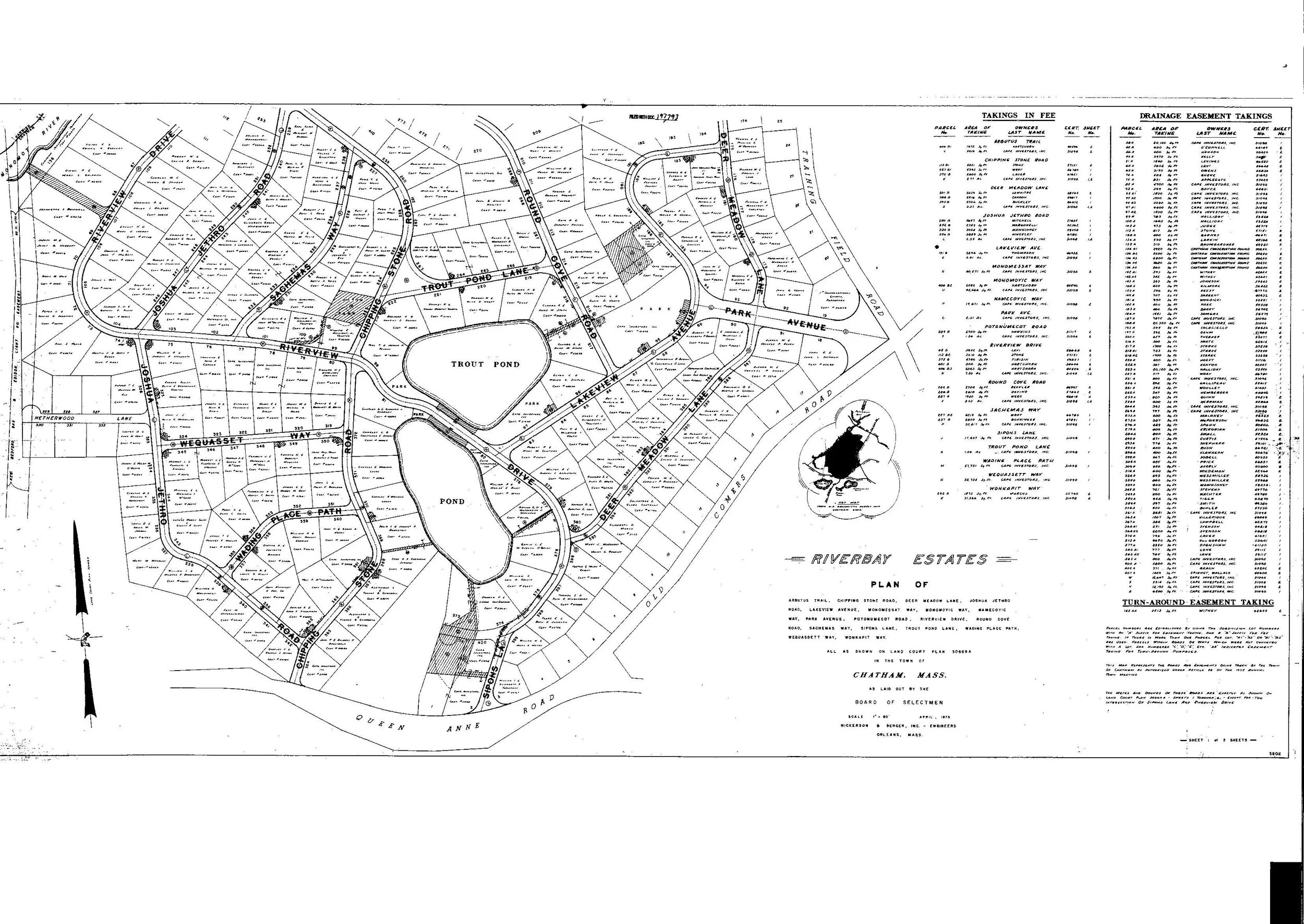 The pertinent plan of the 1975 Taking.  This depicts the drainage easements taken by the Town in 1975.  Full document can be downloaded here.  The quality is terrible but this is what was available at the Registry of Deeds.