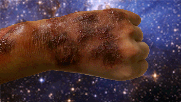Fist with a prosthetic hand resembling a human hand against a starry space background.