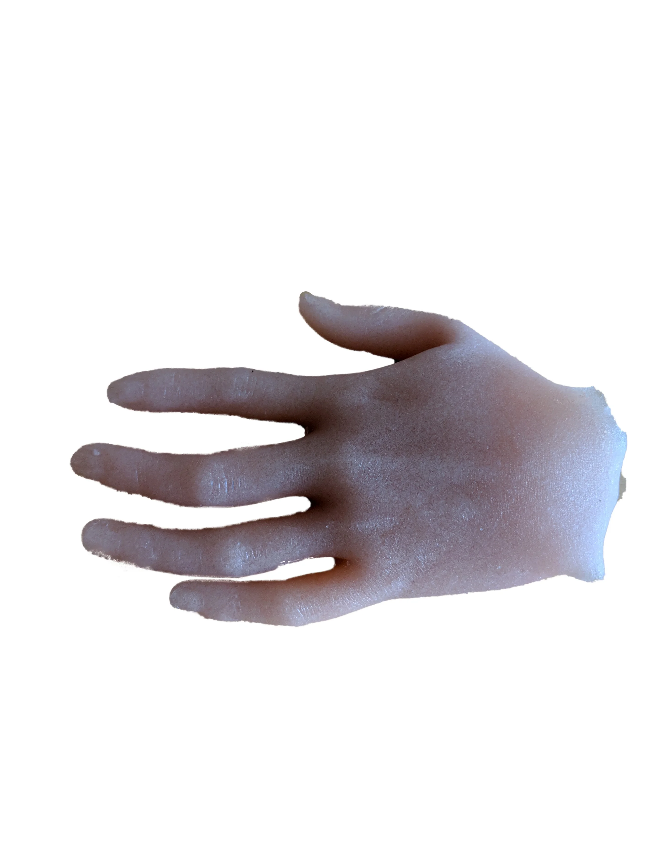 A human hand with long fingers and smooth skin, isolated on a plain white background.