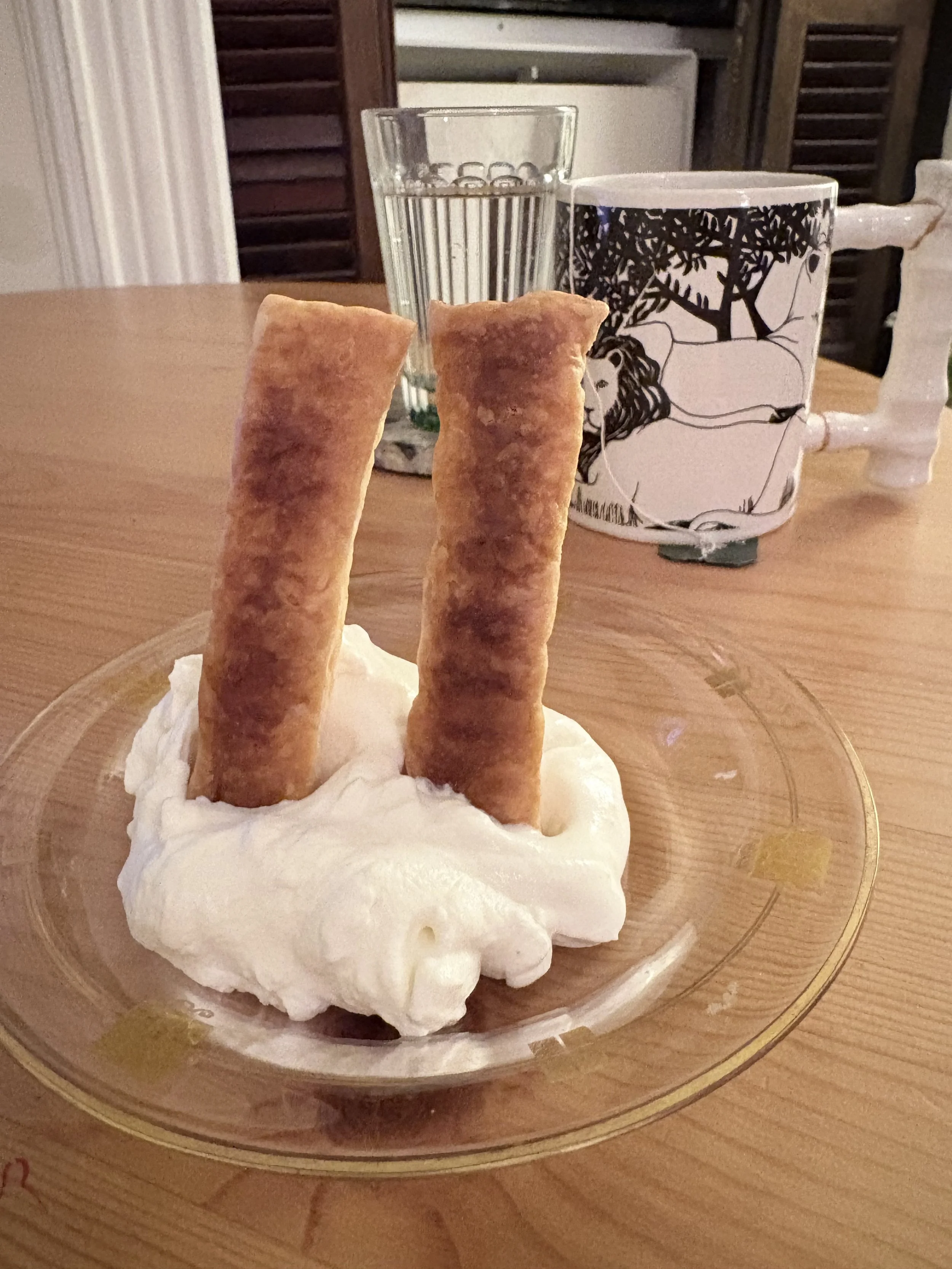 life need sweetness ( baked pie  sticks and whipped cream) 