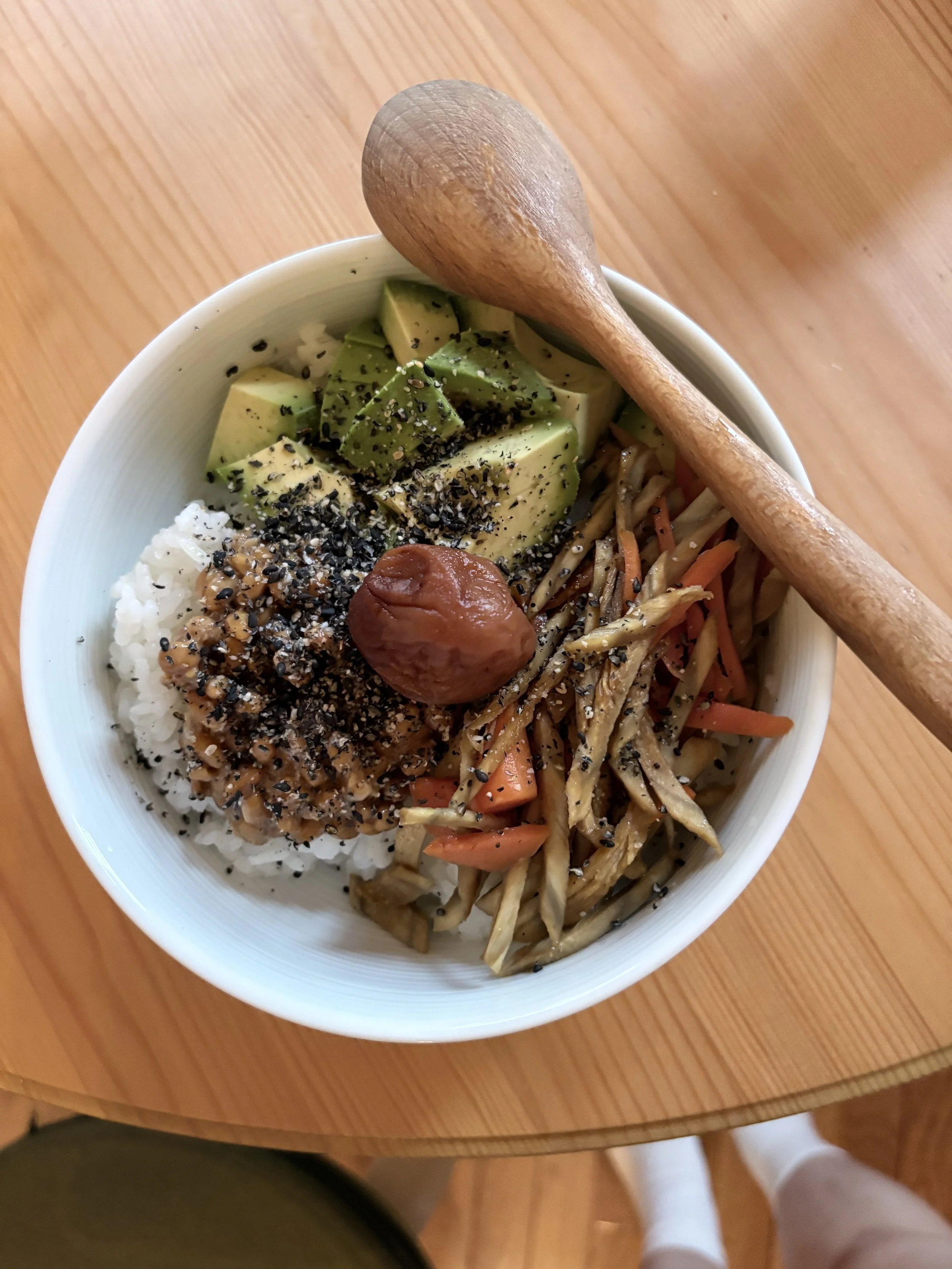 power don (avocado, natto, burdock root  and carrots and sour plum on the rice! )