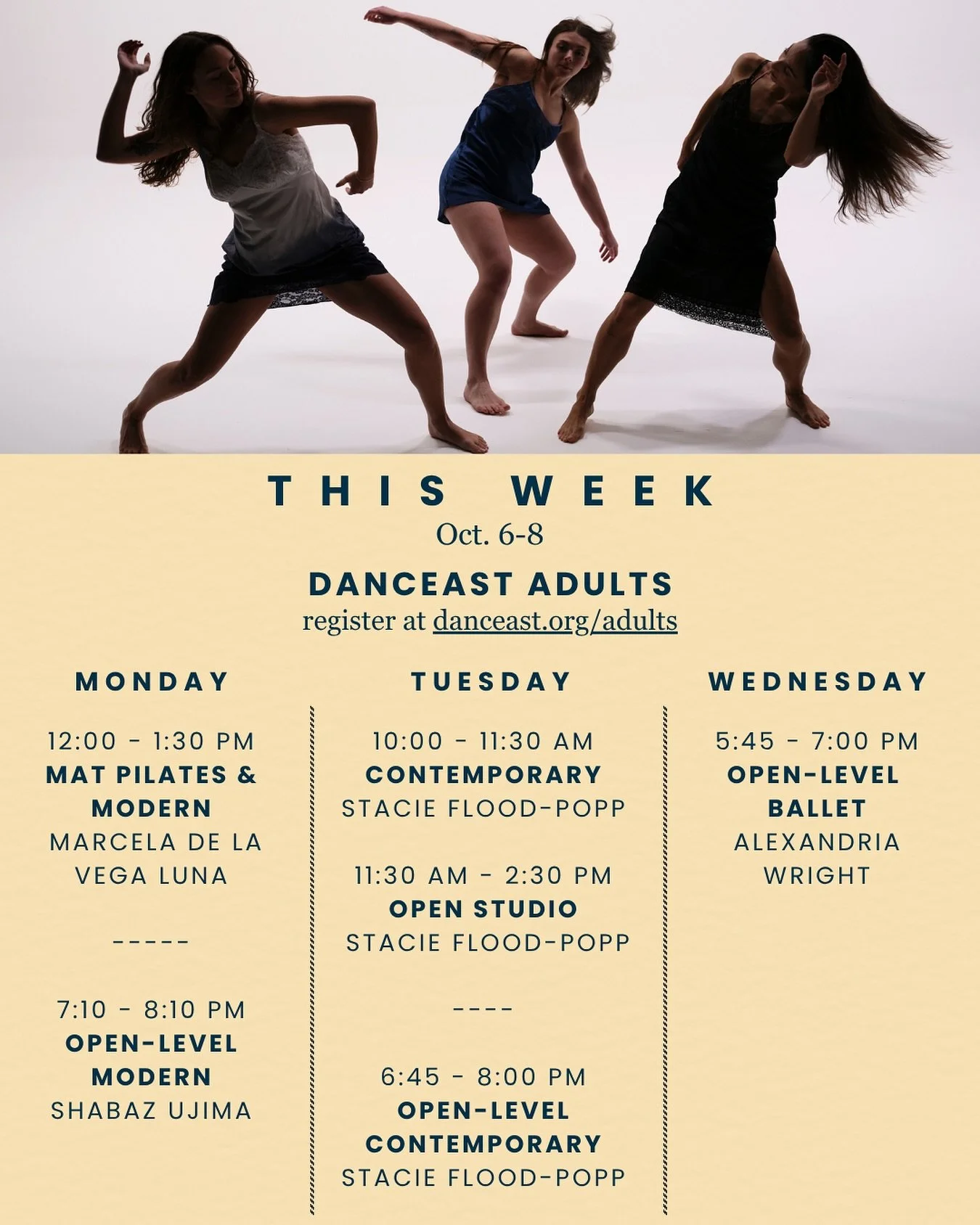 Link to register in bio. New times for Monday and Tuesday morning/midday pay-what-you-can classes! Join us!