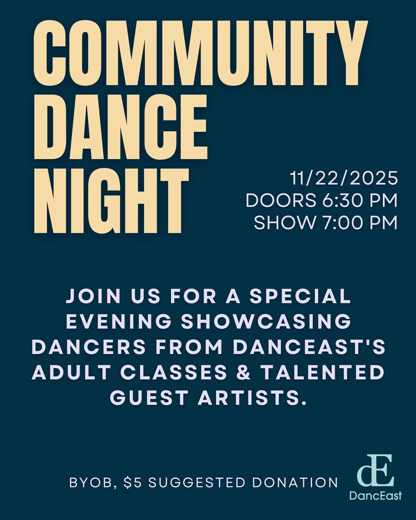 ✨ SPECIAL EVENING OF DANCE ✨

Join us for a showcase featuring dancers from DancEast&rsquo;s open adult classes alongside incredible guest artists from our community! 💃🕺

FEATURING: 🌟 Lily Sekeres 🌟 Mallory McCormick🌟 Lyle Oberman 🌟 Delaine Kyl