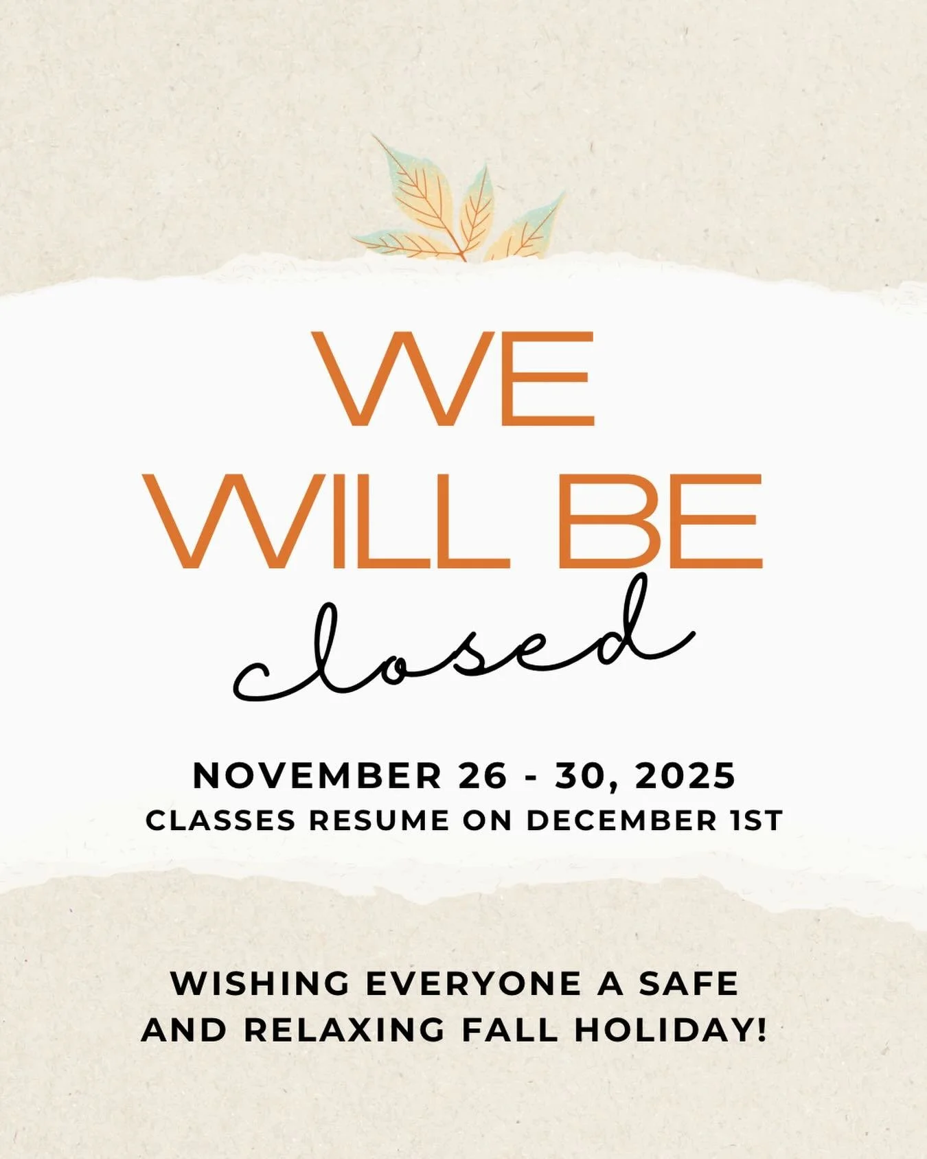 🍁 Wishing everyone a safe and relaxing break! 🍁 

DancEast will be closed Wednesday, November 26th - Sunday, November 30th - no youth or adult classes will meet during this time. Classes will resume on Monday, December 1st!