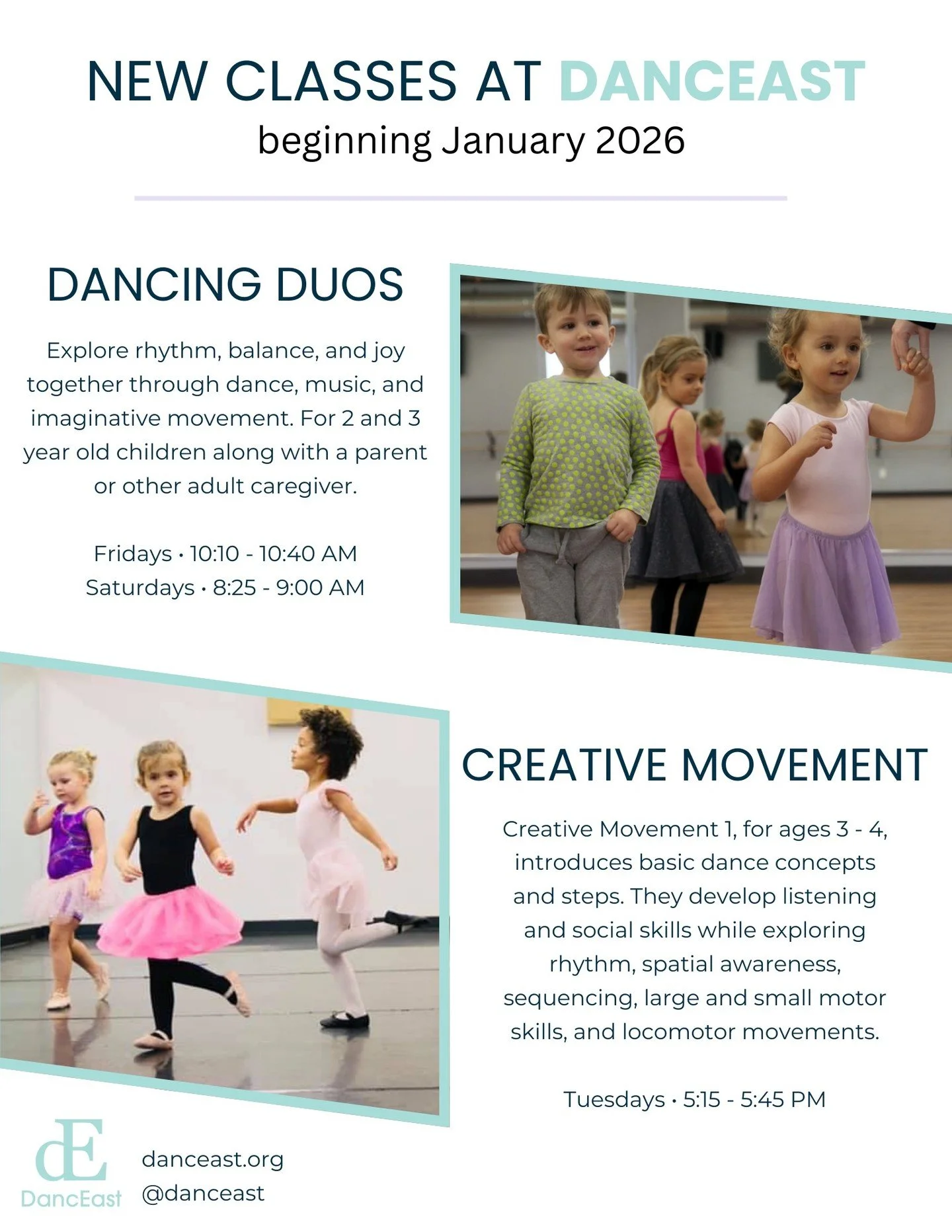 ✨ NEW CLASSES ALERT ✨

Looking for a holiday gift that will get your child dancing in the New Year? We're kicking off 2026 with exciting new dance opportunities! 

DANCING DUOS - ages 2-3
Fridays &amp; Saturdays
Perfect introduction for our youngest 