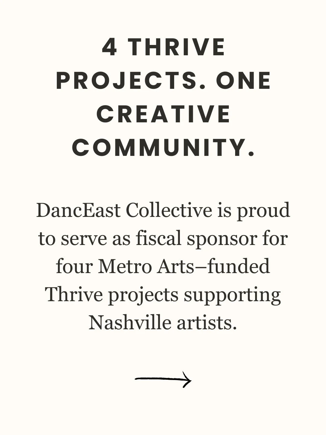 DancEast is proud to serve as fiscal sponsor for four incredible Thrive projects funded by @metroartsnash 🎉
Thrive funding supports Nashville artists in bringing bold, community-centered ideas to life, and we&rsquo;re honored to help steward these p