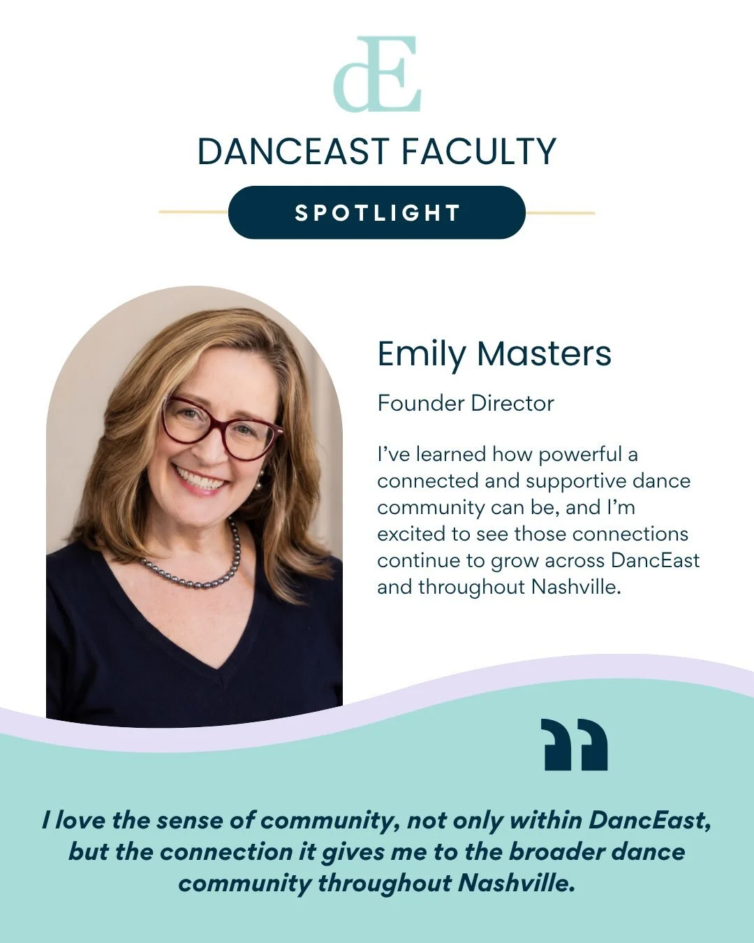 Meet Emily Masters! 🌟

Emily studied ballet, tap and jazz under such esteemed teachers as Charles Ryburn, Terrell Paulk, and Gus Giordano. She was a member of the Appalachian Modern Dance Ensemble while attending Appalachian State University, where 