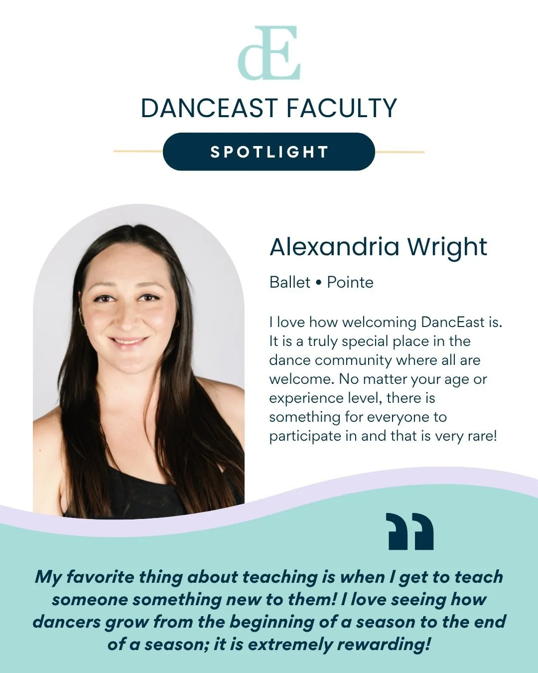 Meet Alexandria Wright! 🩰

Alexandria, originally from Bel Air, Maryland, began her dance training at age five at County Ballet and later attended the Baltimore School for the Arts as a dance major. She furthered her training through summer intensiv