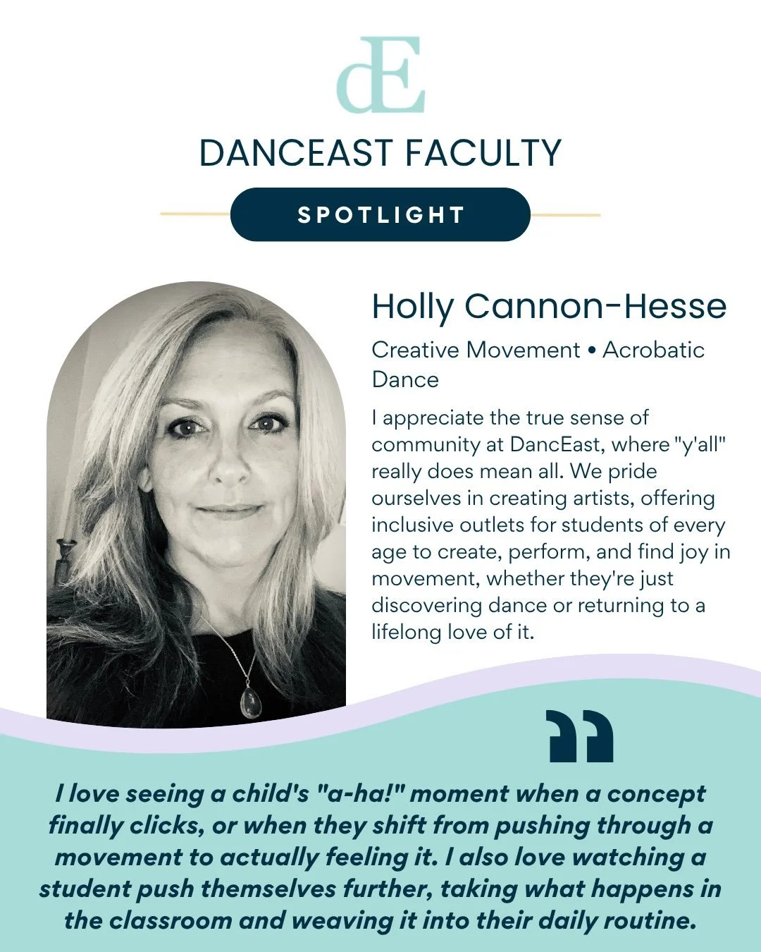 Meet Holly Cannon-Hesse! 💫

Holly is a mother, wife, artist, and educator whose career has been devoted to dance and arts education. She began her studies at Middle Tennessee State University, majoring in Speech and Theatre with an Education emphasi