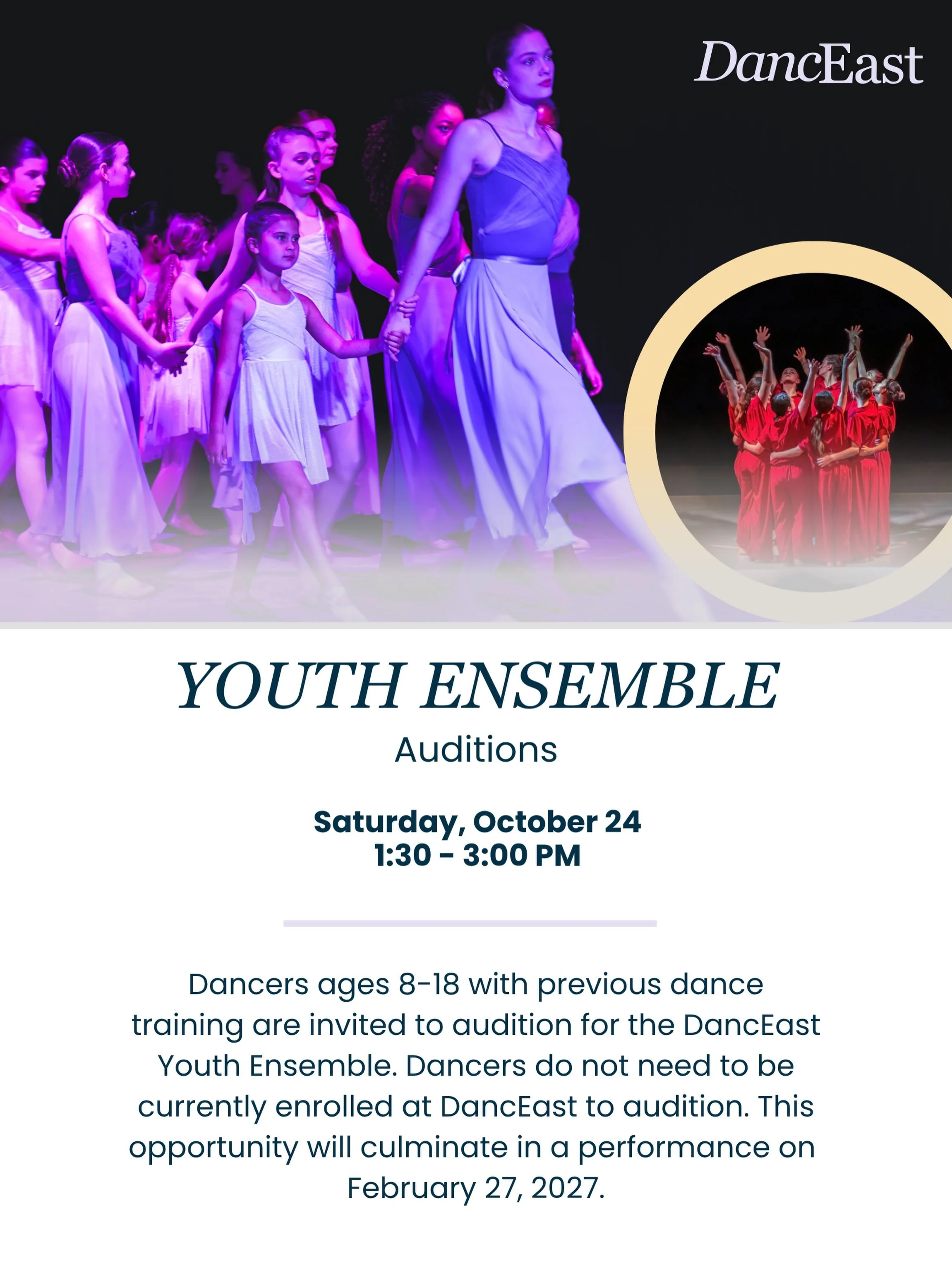 🌟 Calling all young dancers! 🌟

Ready to work with INCREDIBLE professional choreographers and take your artistry to the next level? DancEast Youth Ensemble is open to ALL dancers ages 8-18 with previous dance experience - you don&rsquo;t have to be