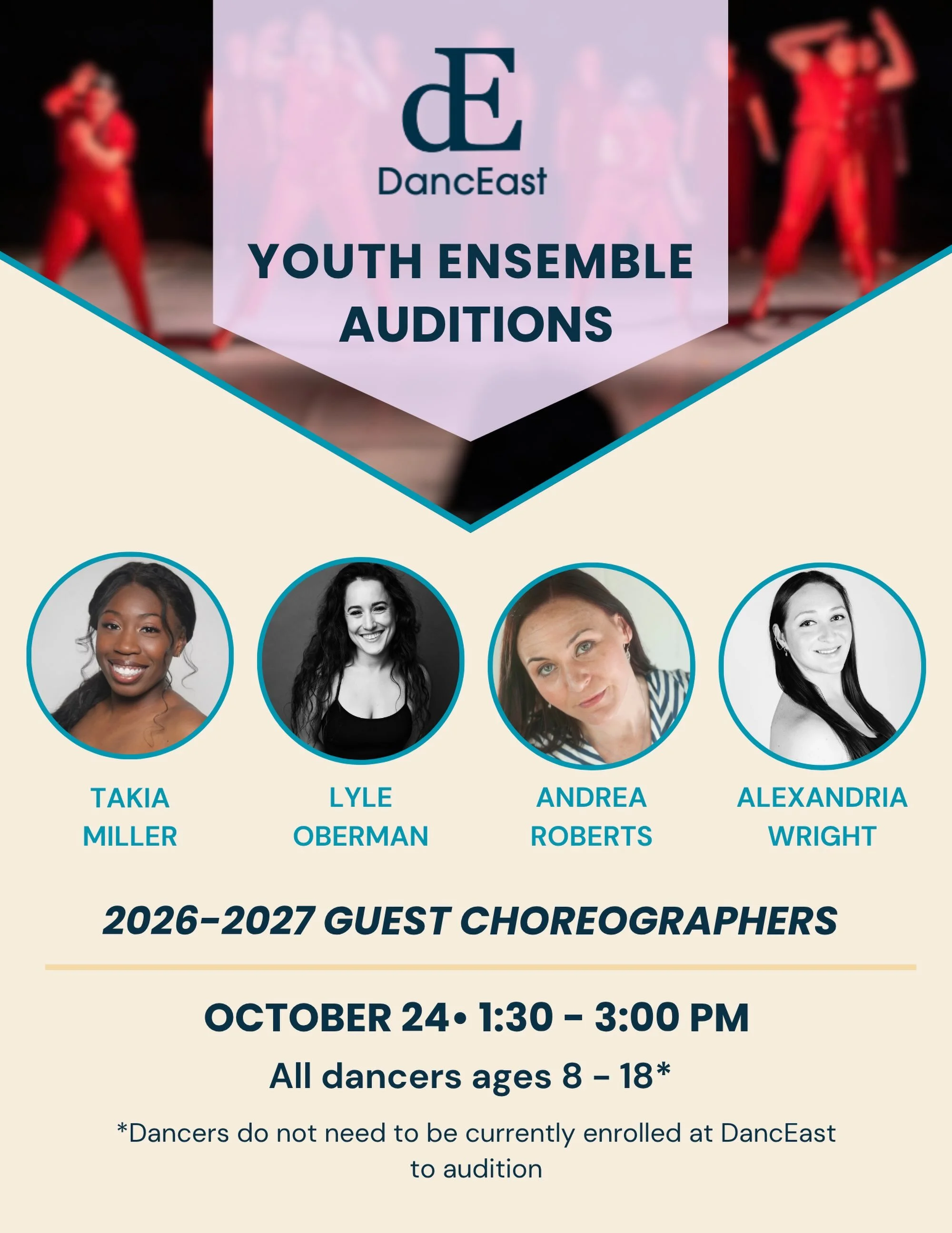 ✨Calling all youth dancers!✨

Ready to work with INCREDIBLE professional choreographers and take your artistry to the next level?  DancEast Youth Ensemble is open to all dancers ages 8-18 with previous dance experience - you don&rsquo;t have to be a 