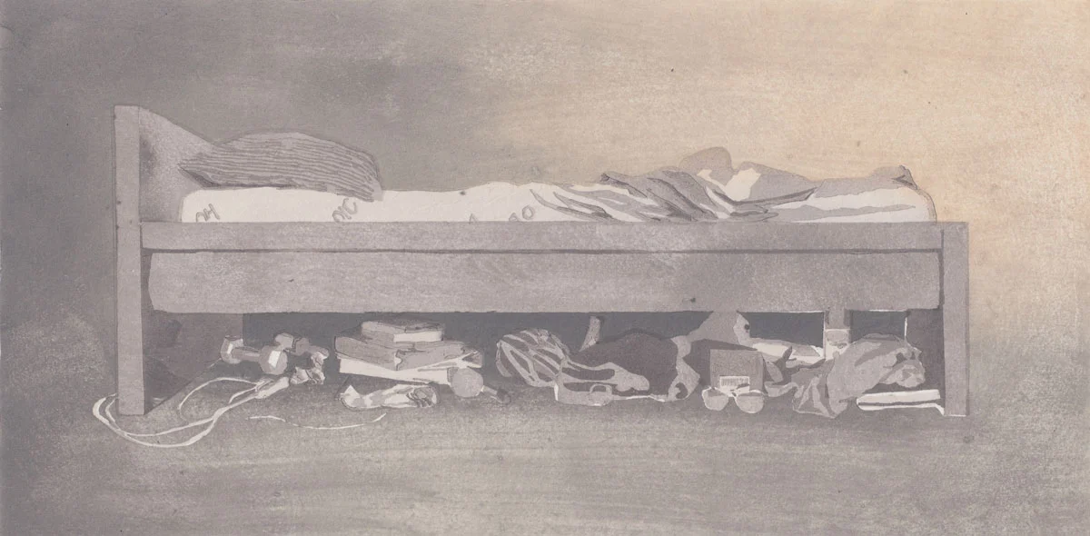 Under the bed, 2015, Japanese woodblock print, 15" x 7".