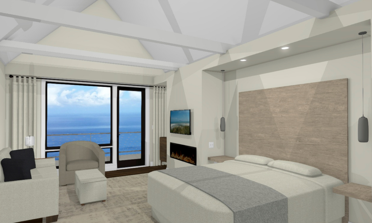 The Water’s Edge Alder suite with waterfront view, fireplace and king bed
