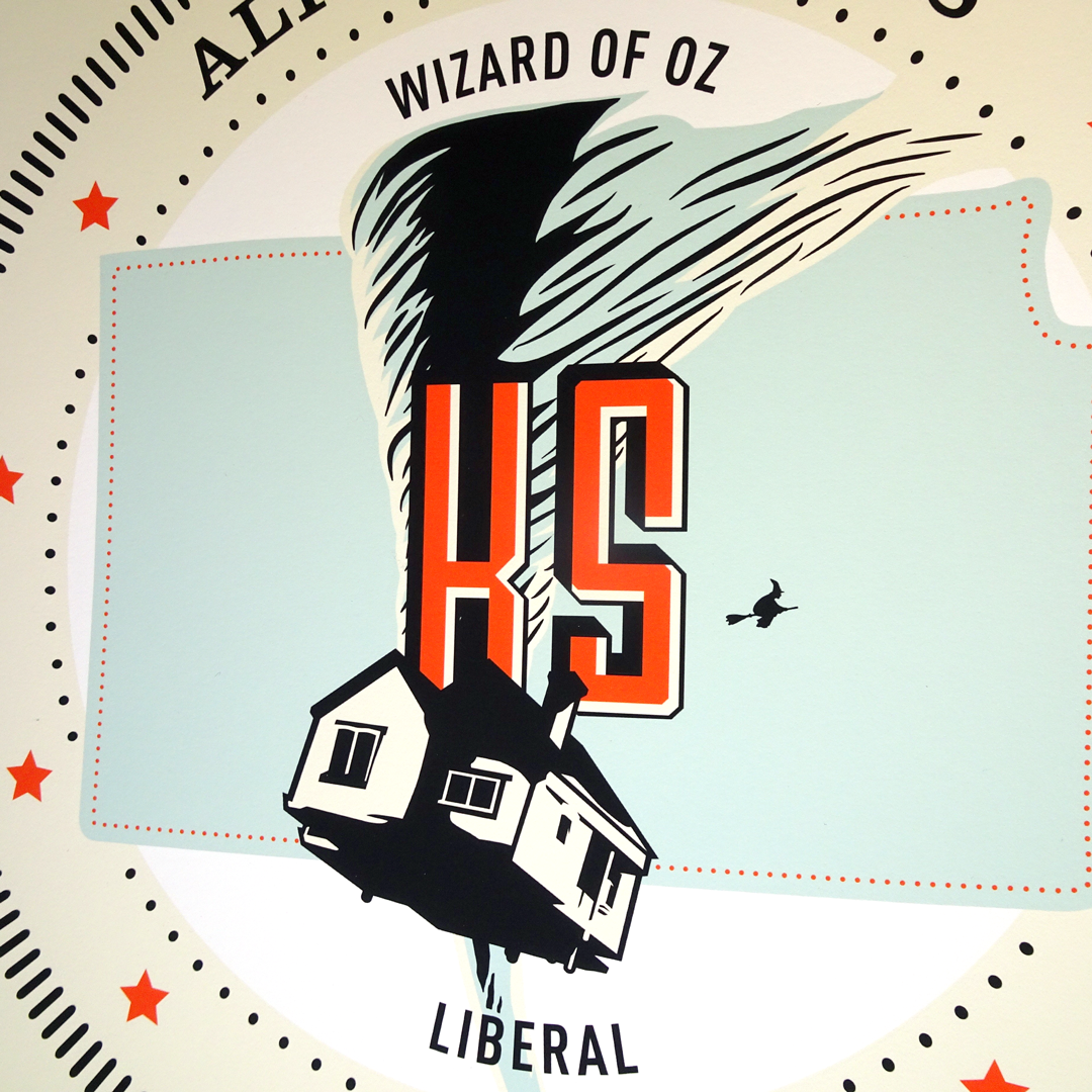State seal for Liberal, Kansas featuring Dorothy’s house mid-flight from The Wizard of Oz .