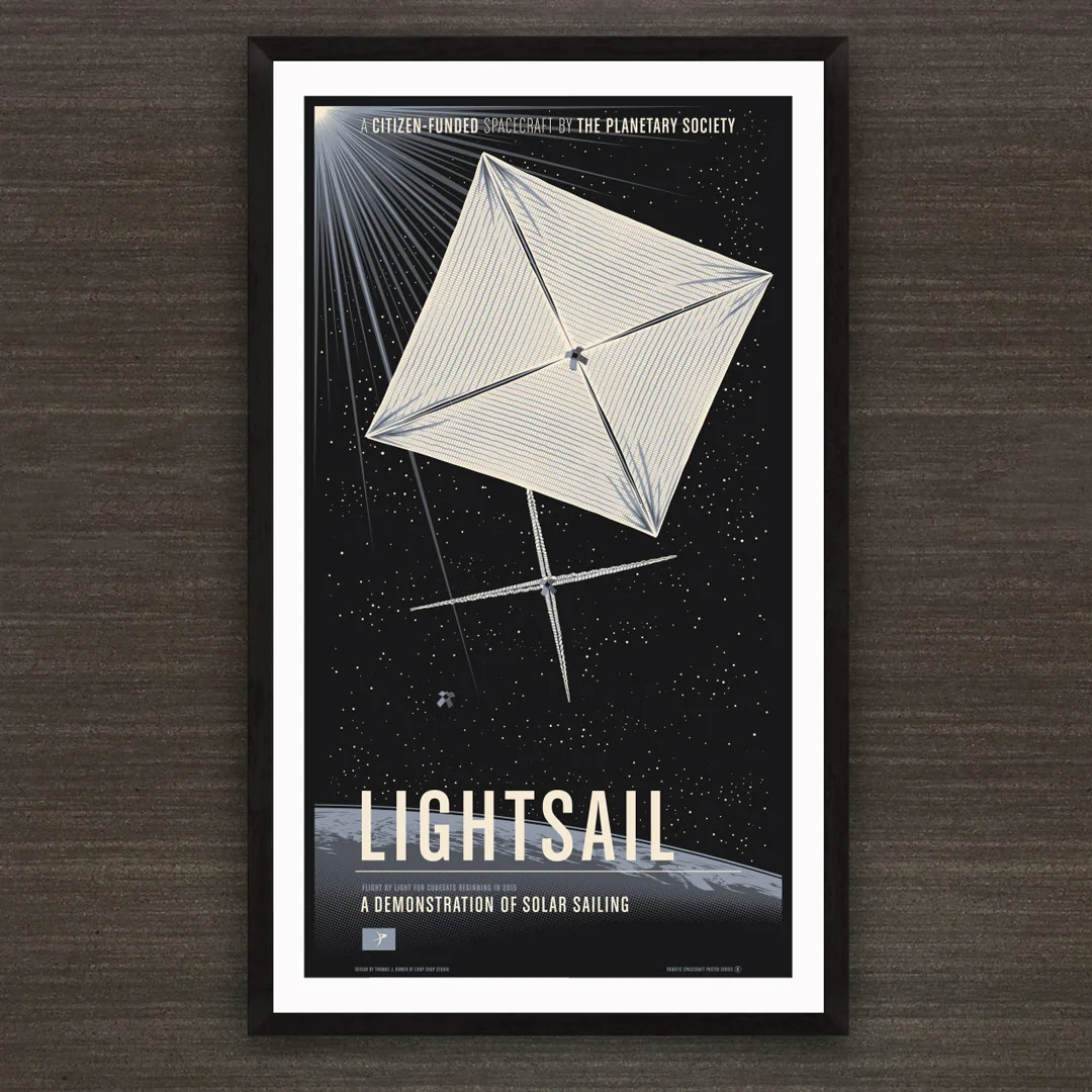 The original limited edition LightSail mission poster. 3-color screen print on 20"x36" Strathmore black.