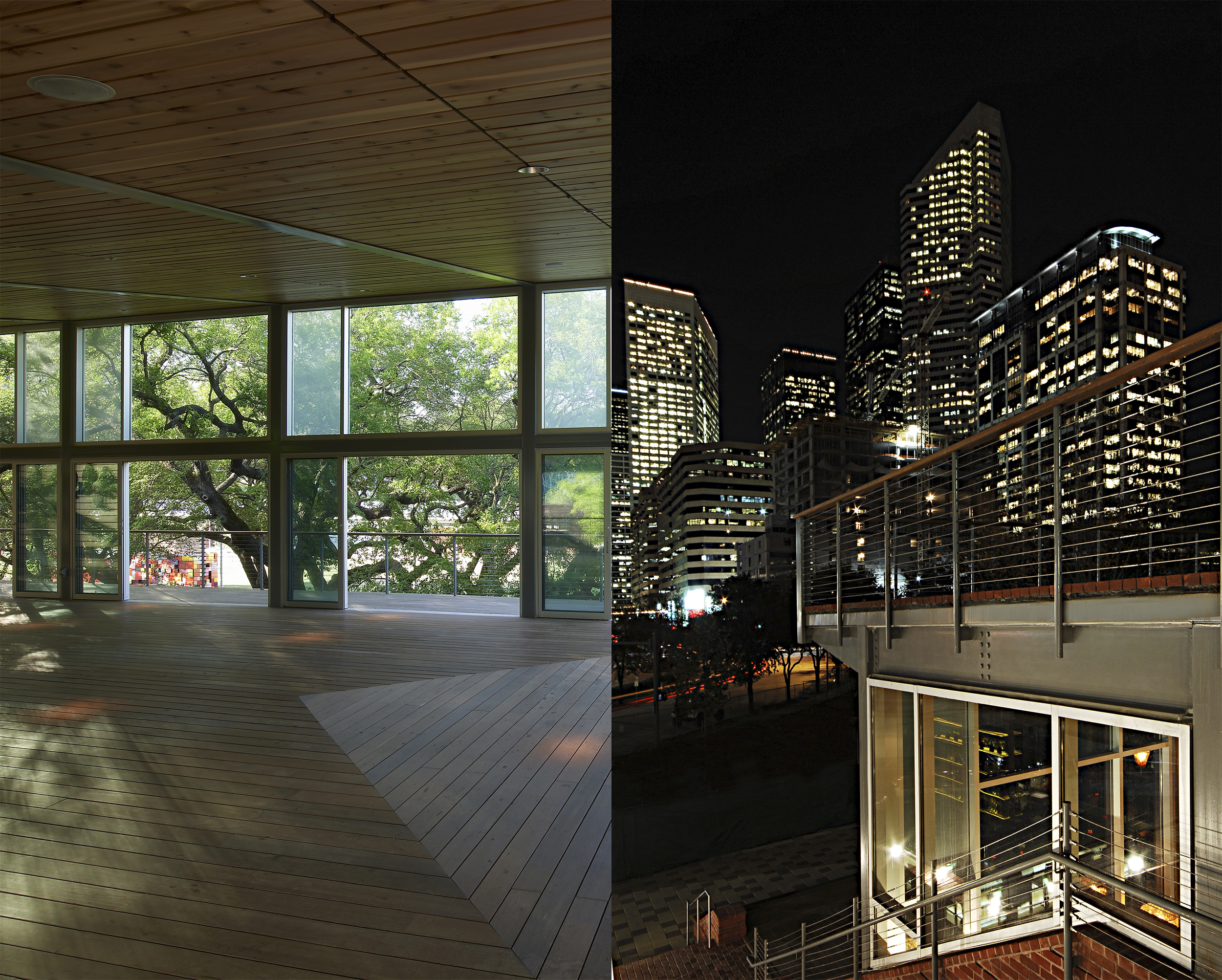 SECOND FLOOR This space includes the Treehouse Deck and Vista Room, which is surrounded by high ceiling glass windows that open to a private balcony. Live oak trees all around the Vista room gives one the feeling of floating among the tree tops. With a beautiful view to the theme gardens around the Discovery Green Park, the Vista room is a completely private space, with direct access to the park. While the Treehouse Deck provides a cityscape backdrop of the downtown skyline. Second Floor Capacity: Cocktail Reception: 300 people Cocktail Reception with Dance Floor: 280 people Seated Dinner: up to 240 people Seated Dinner with Dance Floor: 220 people Ceremony & Reception: up to 120 people 