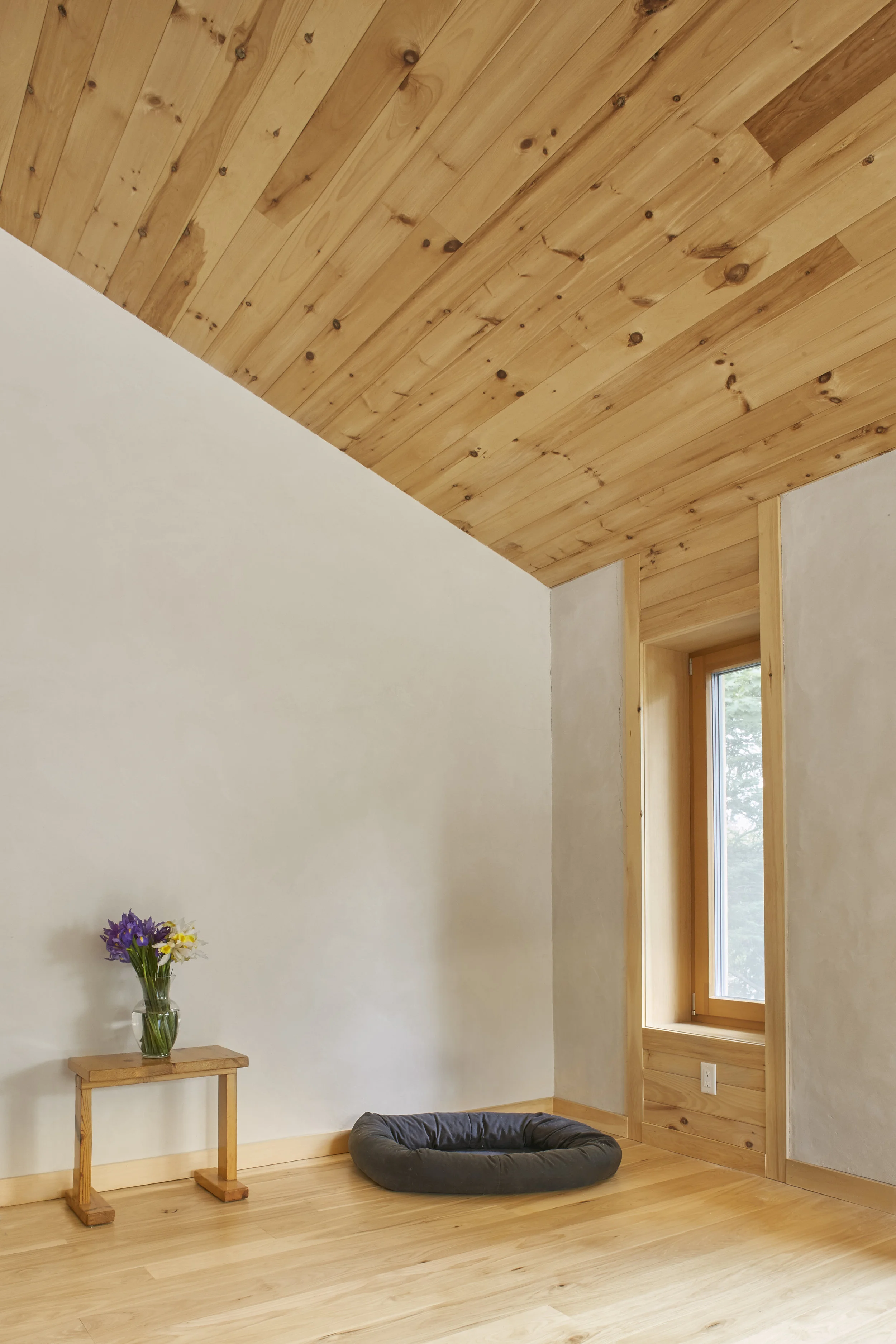 Room with clay paster walls wood ceiling wood floor