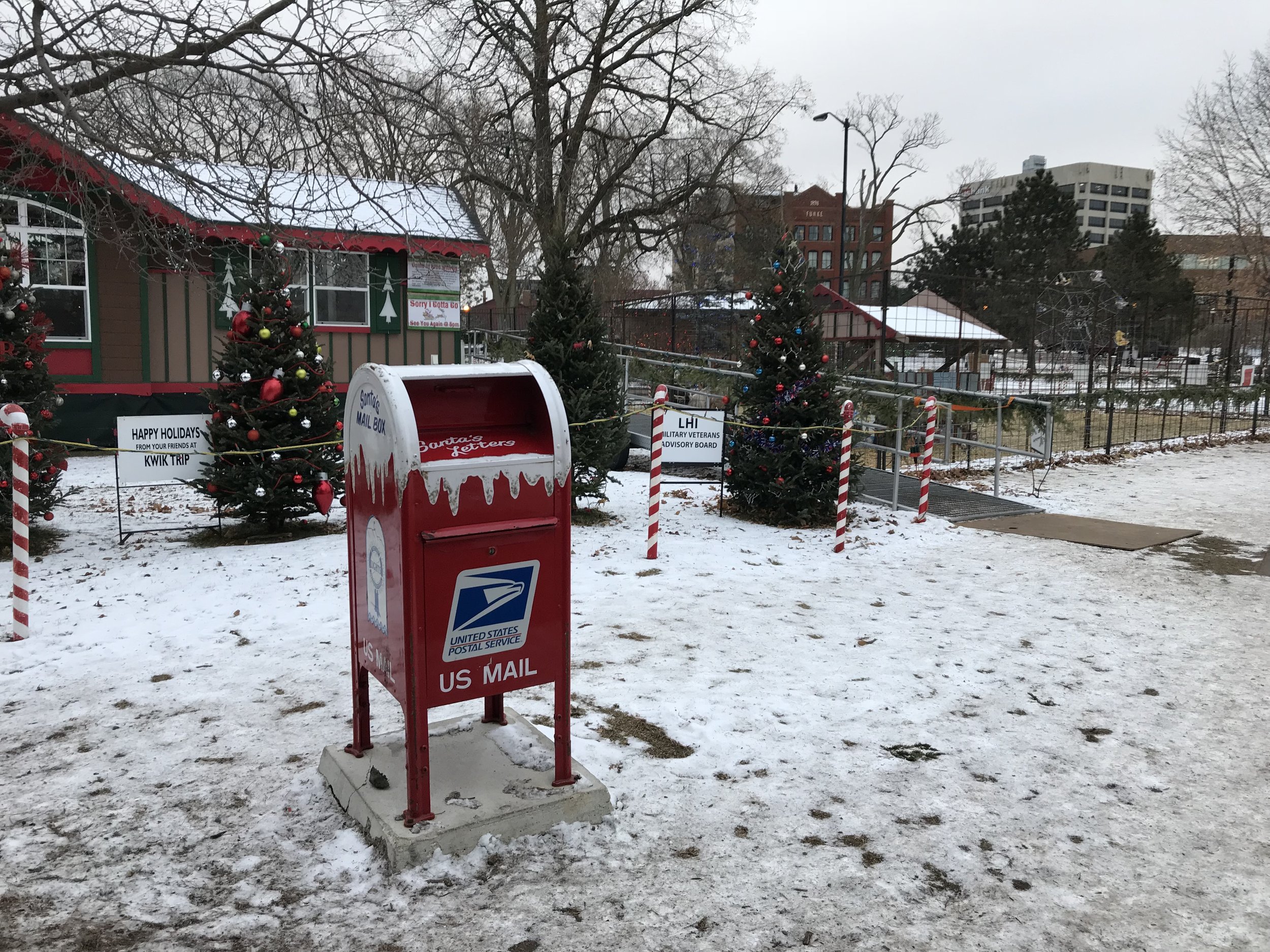 Holiday decorations in the park - La Crosse, WI - decorated US mailbox