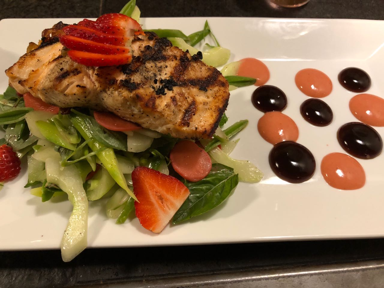 Grilled Salmon with Strawberries,&nbsp;Spring Vegetable Salad and Two Sauces