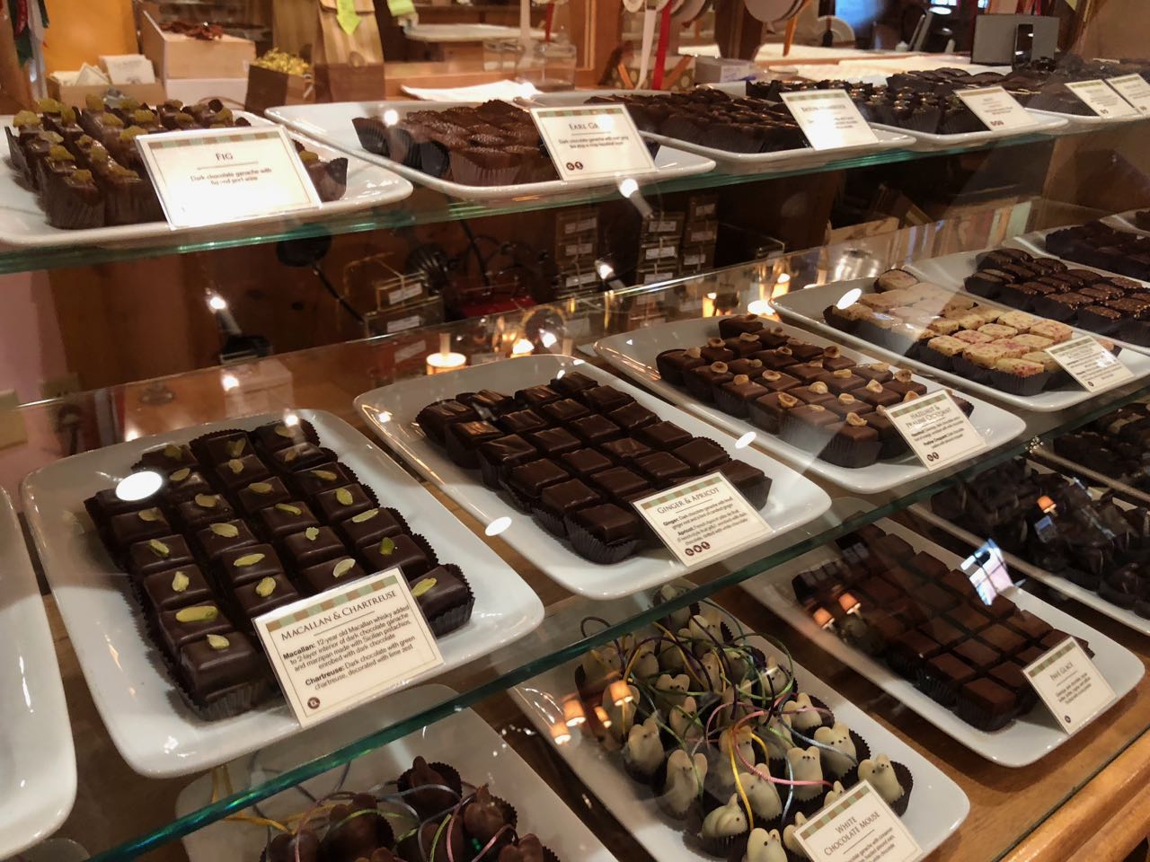 dessert and chocolate display case at Burdick's