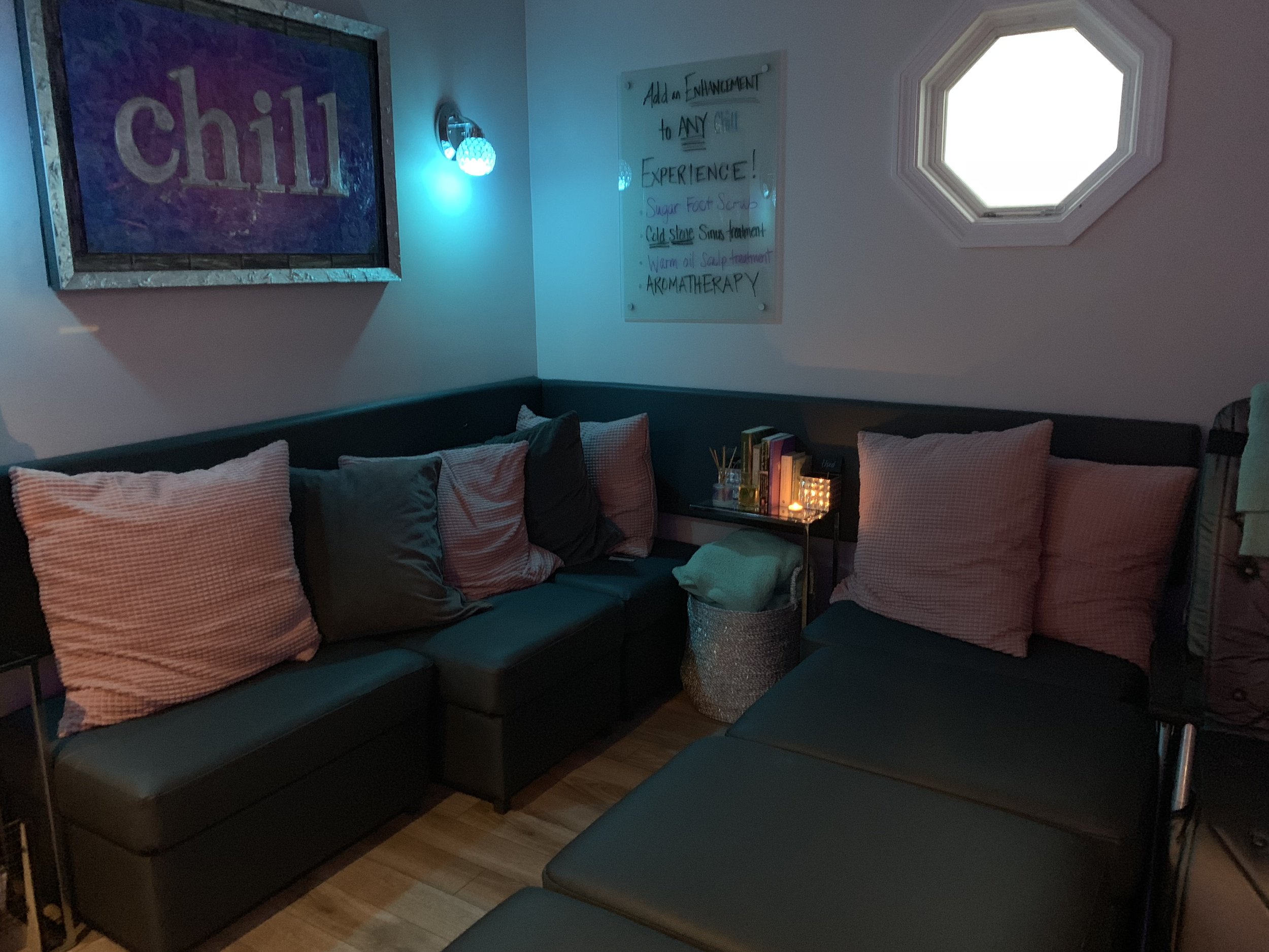 The make-up station, pedicure chairs, hair styling area, Chill lounge, steam shower and therapy room at Chill Spa.