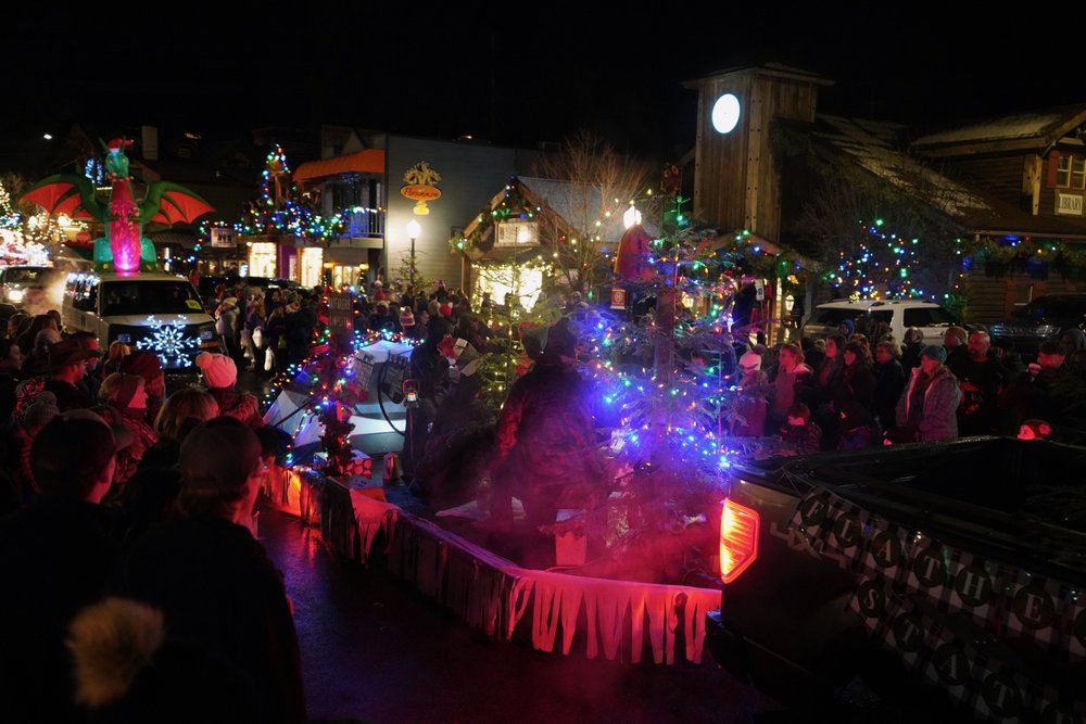 A crowd gathers on a temperate December night for the Annual Bigfork, MT. Christmas Parade.