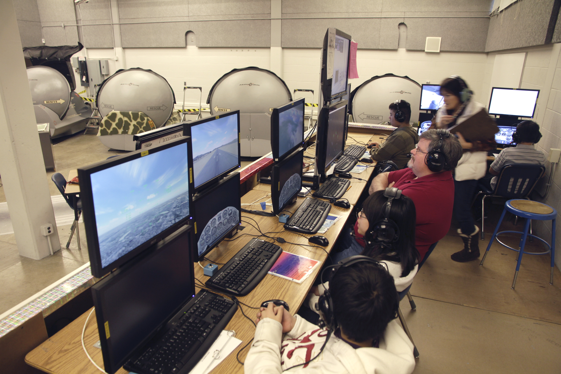 Control Tower with students at Flight Control Stations (FCS)