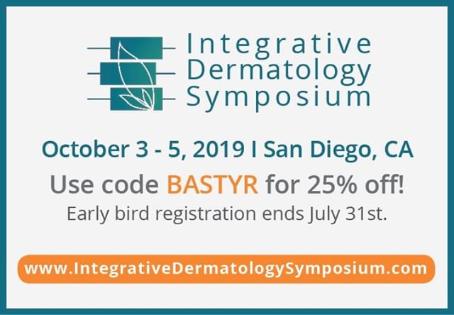 I'm excited to attend the @IntDermSymposium this October 3-5 in San Diego, CA! Code BASTYR is 25% off early bird before July 31st. integrativedermatologysymposium.com/ 
#IDS2019 #IntegrativeMedicine #Dermatology