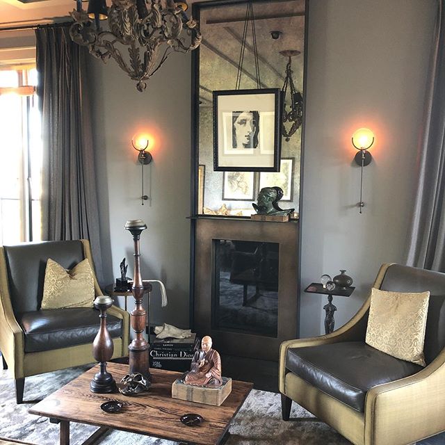 This is the after...Mantel install Friday- it is perfect- I designed it and Mathew from @harrietindustriesllc took the drawing and brought it to life- adding in an aged rose bronze plate to the fire box to go with the aged glass I was having made- he