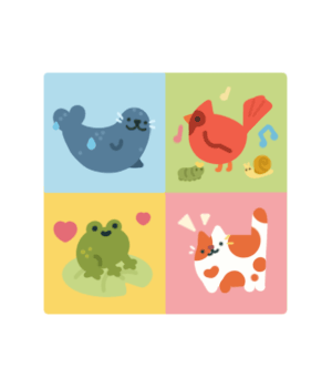 illustrated animated gif of four squares each with a different animal: a seal, a bird with bugs, a frog, and a cat