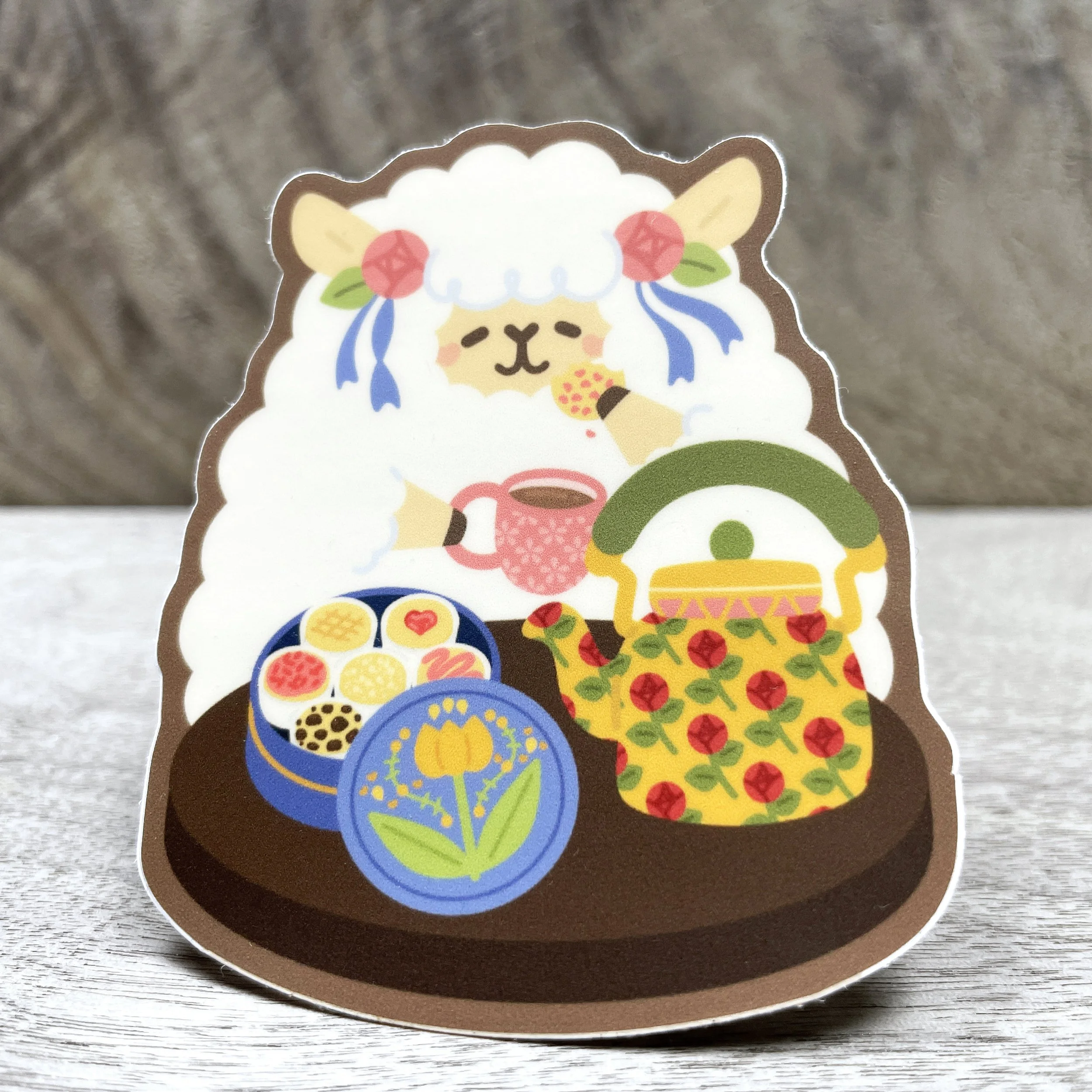 Sheep with Tea and Cookies Vinyl Sticker
